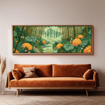 Amber mushroom forest long horizontal canvas print above a sofa in a living room