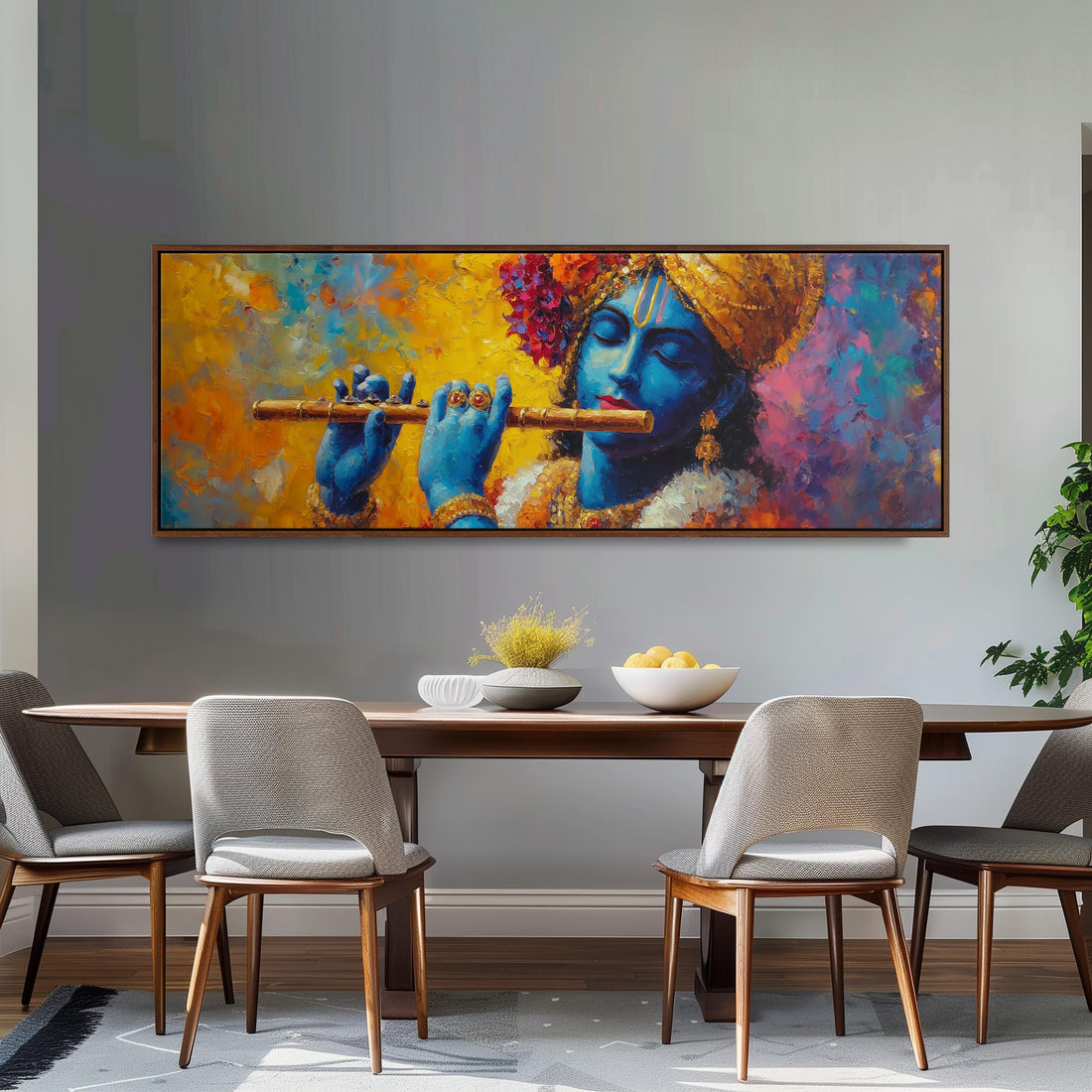 a large painting of a blue-skinned man playing a flute, hanging on a wall above a brown sofa.