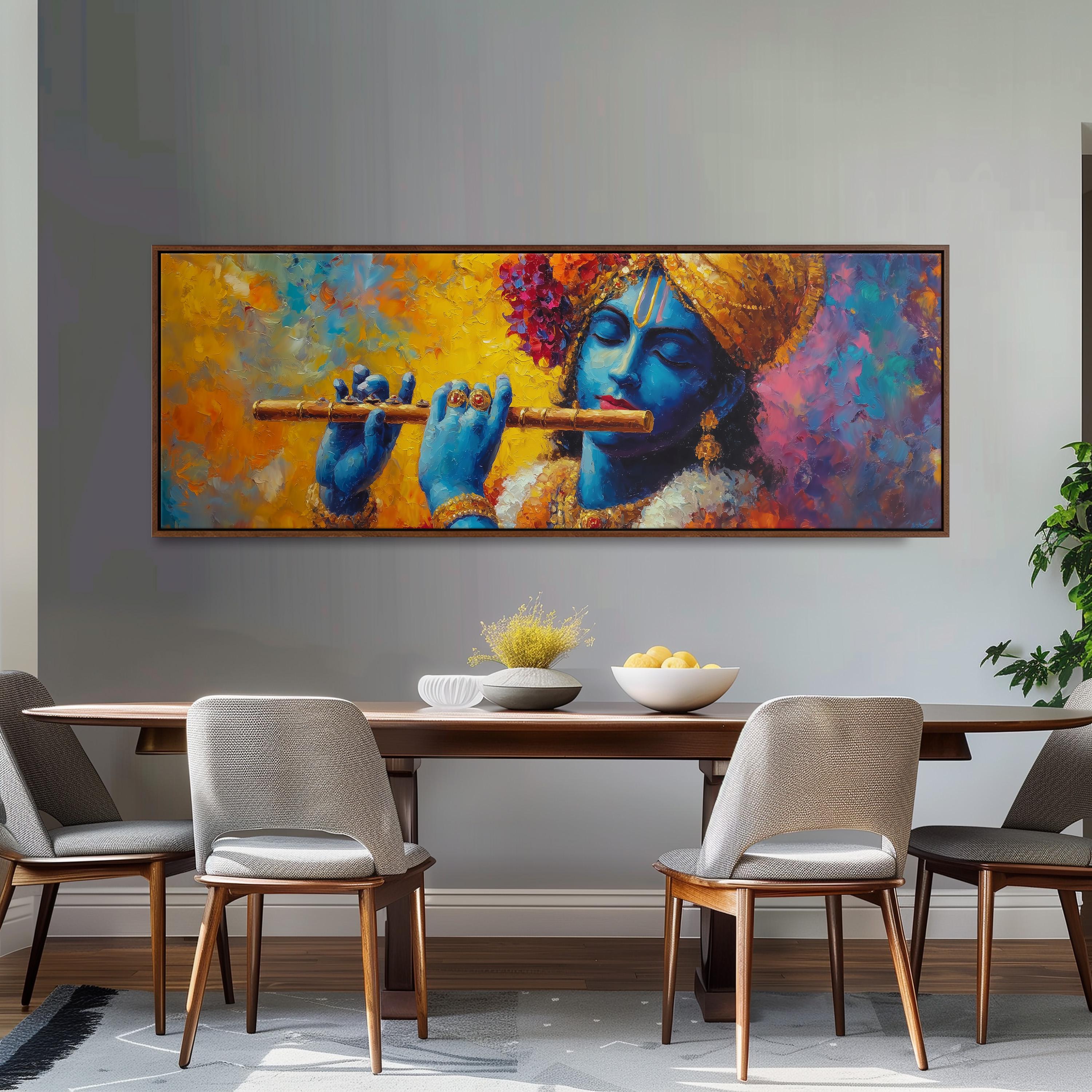 a large painting of a blue-skinned man playing a flute, hanging on a wall above a wooden dining table with four chairs.