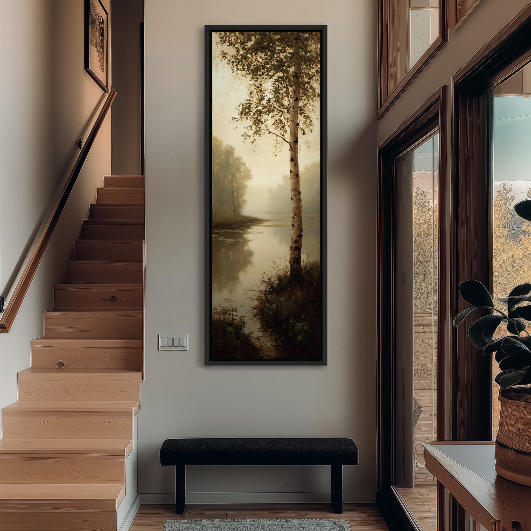 a hallway with a large painting of a tree hanging on the wall, a wooden staircase, and a bench in the foreground.