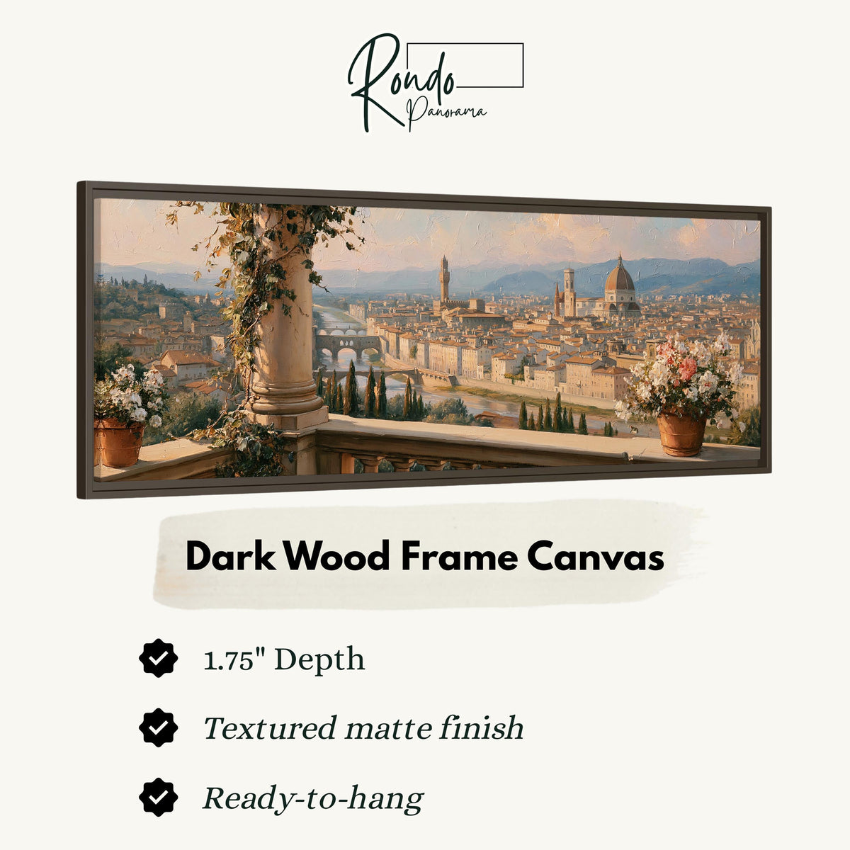 Florence skyline from a flowered balcony canvas print in a dark wood floating frame