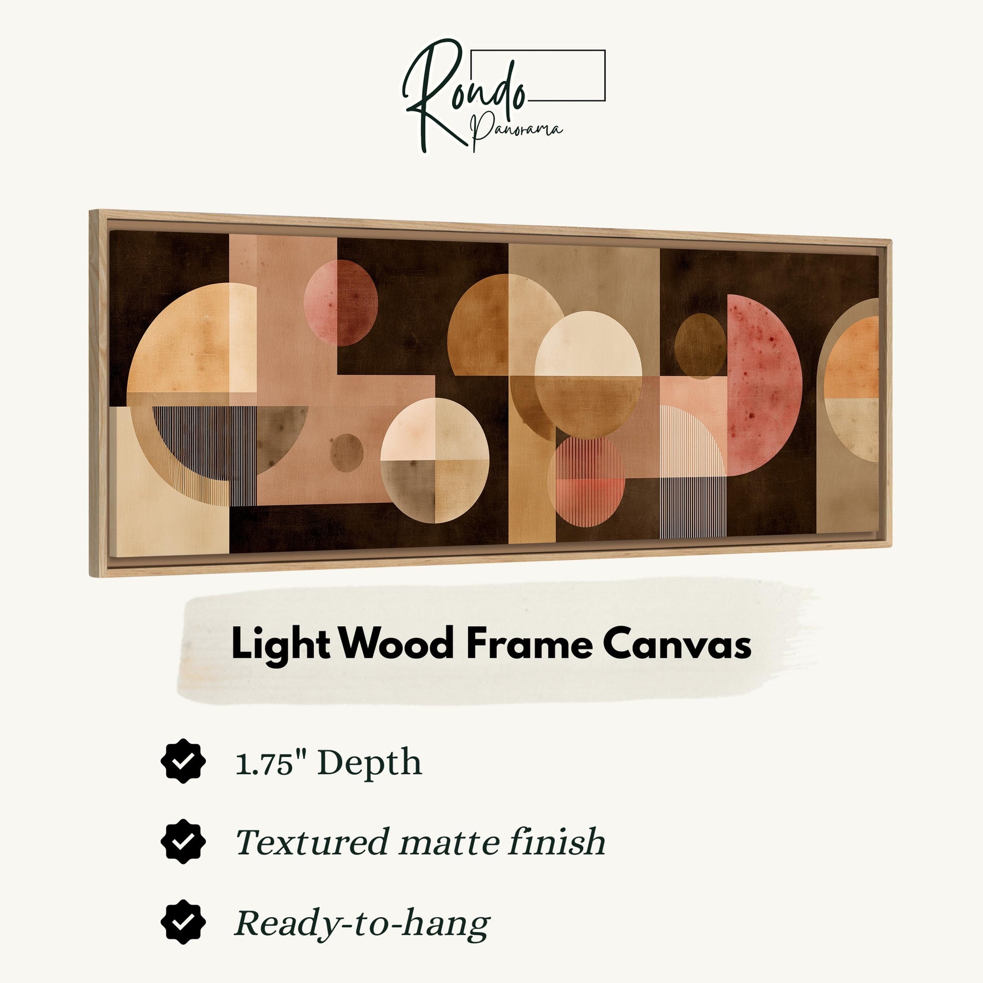 The image is a product advertisement for a light wood frame canvas. It features a large abstract artwork with various shapes and colors, including circles, ovals, and rectangles. The advertisement highlights the canvas's features, such as its 1.75" depth, textured matte finish, and ready-to-hang nature.