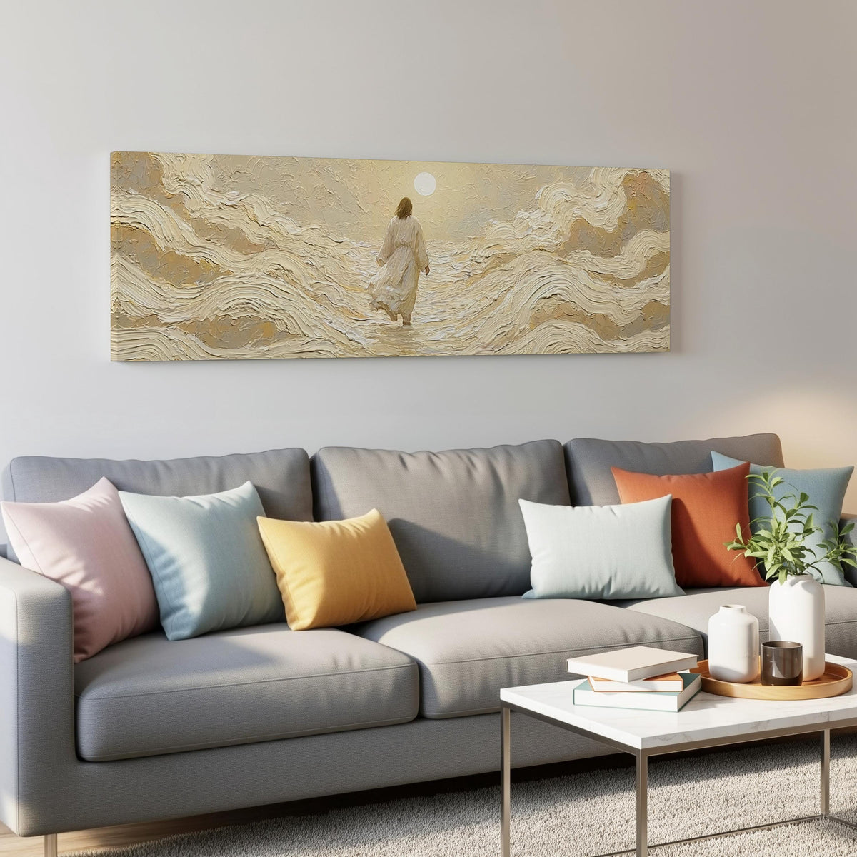 Jesus walking on golden waves panoramic canvas print above a grey sofa in a living room