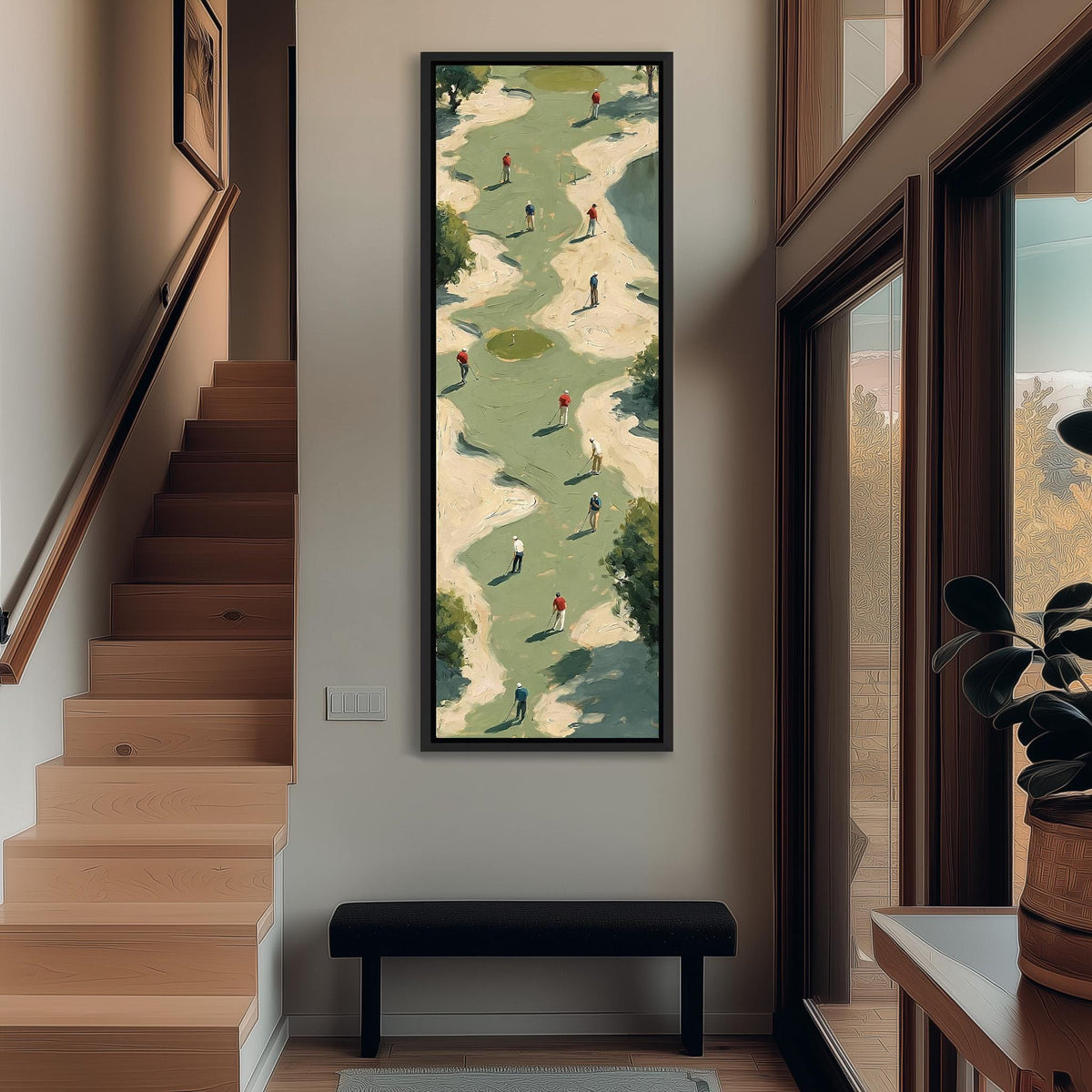Golfers among sand bunkers seen from above tall narrow canvas print beside a staircase in an entryway
