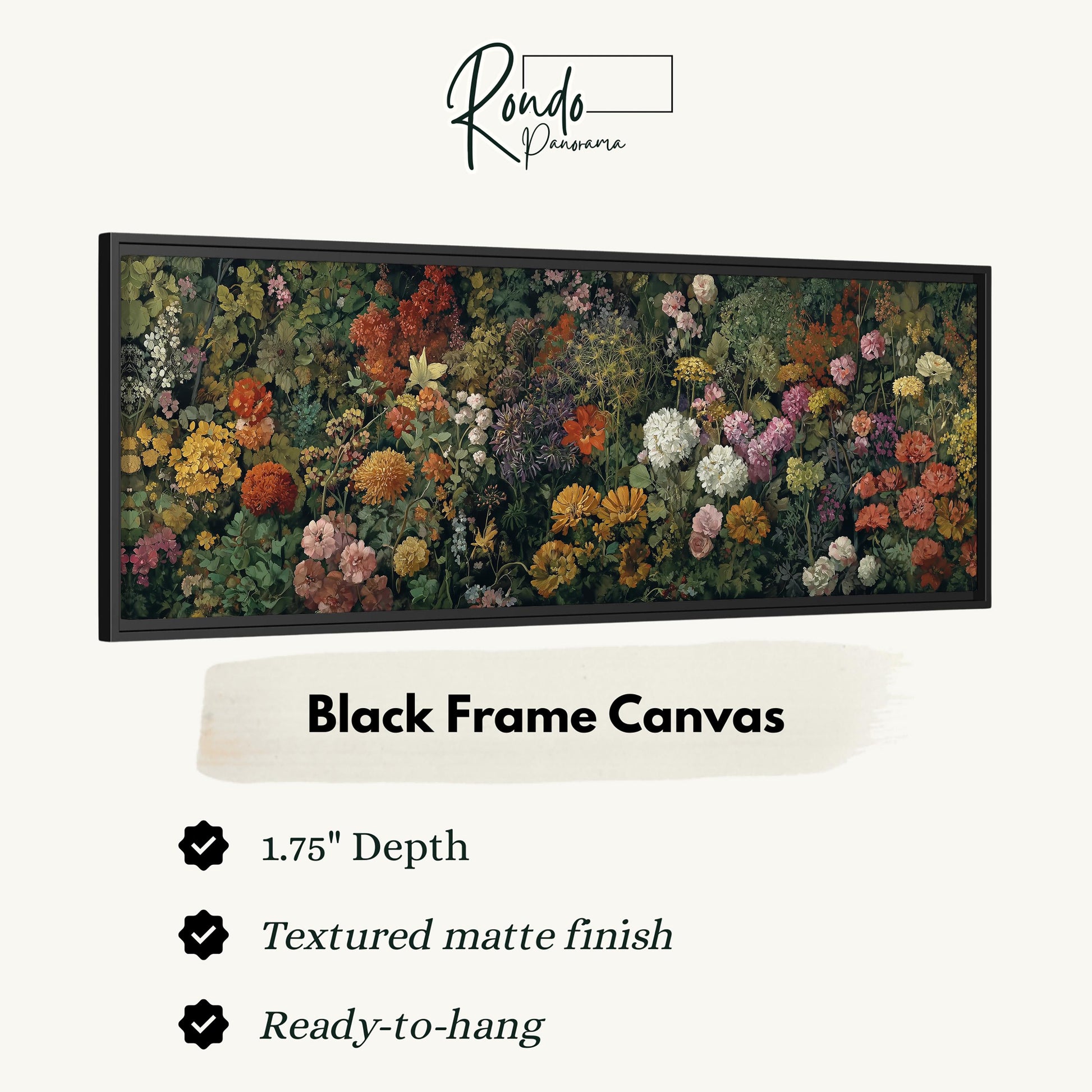 The image is a black frame canvas featuring a vibrant and detailed floral arrangement.