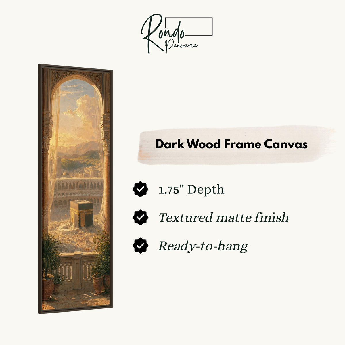 The Kaaba seen through a golden arch at sunset canvas print in a dark wood floating frame