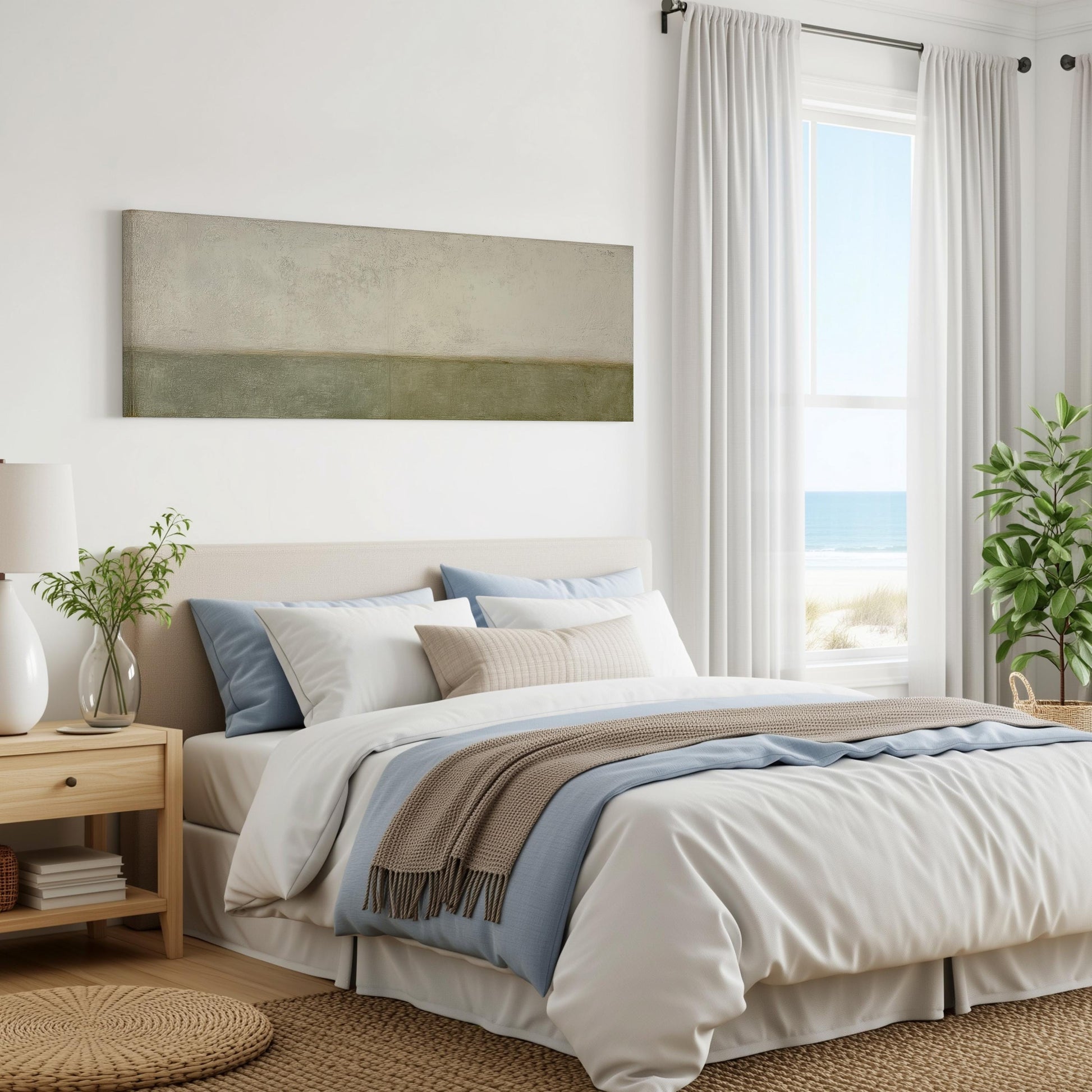 a serene and modern bedroom with a large bed, a nightstand, and a painting on the wall. The room has a neutral color palette with white walls, a beige bedspread, and a blue throw blanket. The window offers a view of the ocean, creating a calming and relaxing atmosphere.