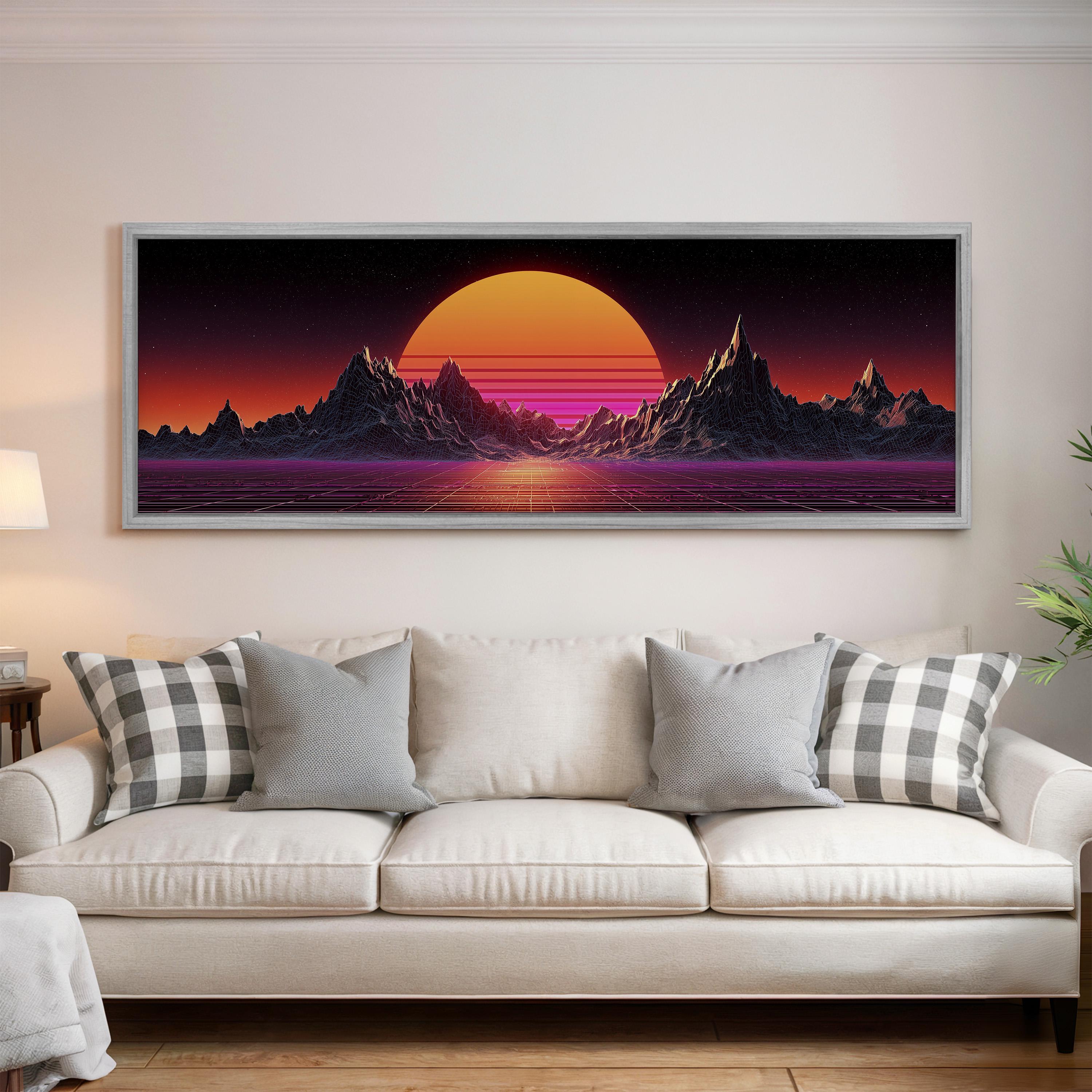 a large, colorful landscape painting hanging on a wall above a white couch in a living room.