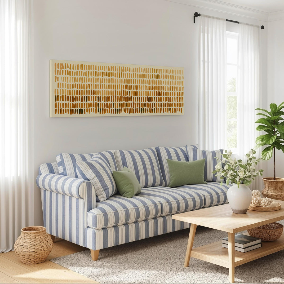 Brushmarks fading from cream to amber long horizontal canvas print above a striped sofa in a coastal living room