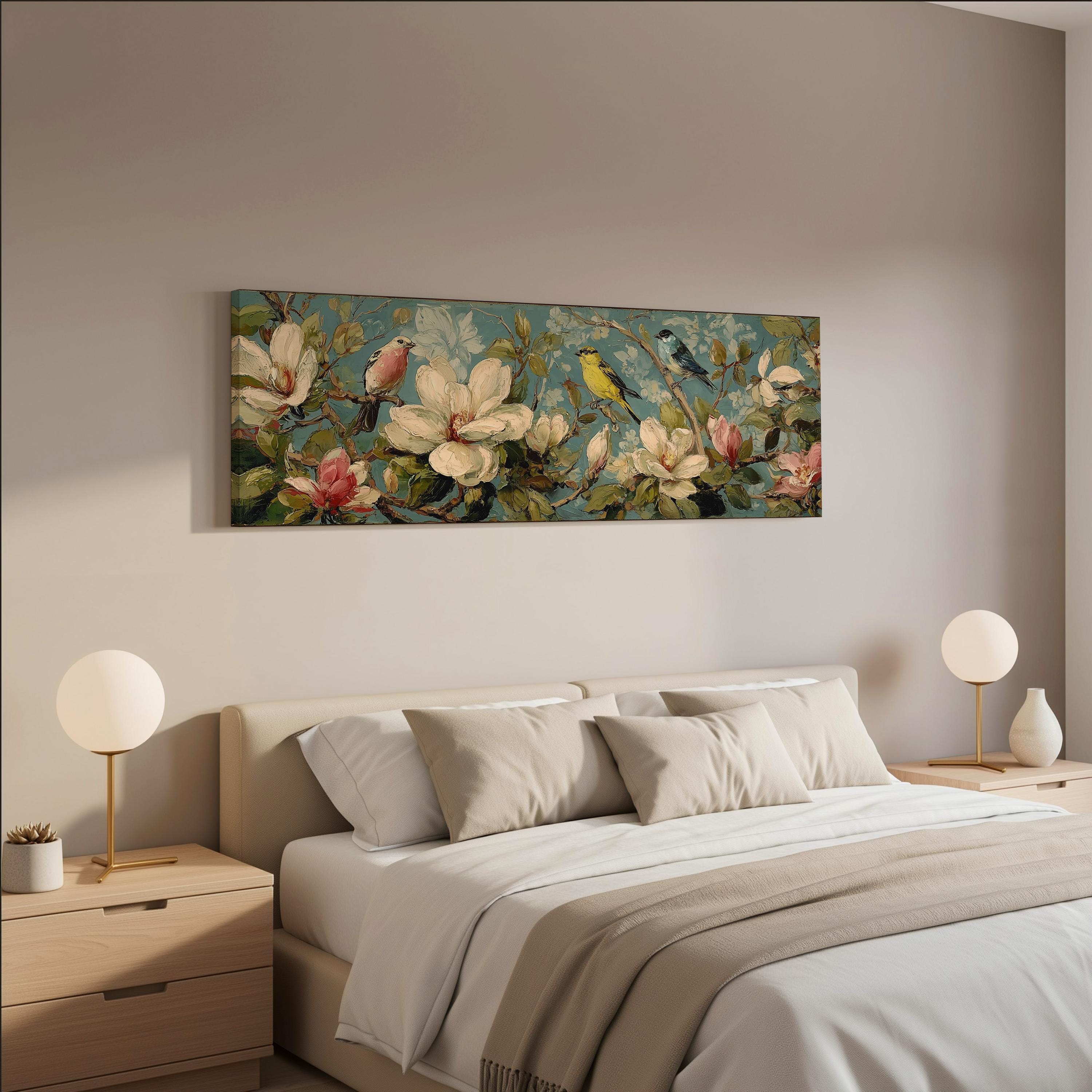 a bedroom with a large floral painting hanging on the wall above a bed with white and beige bedding.