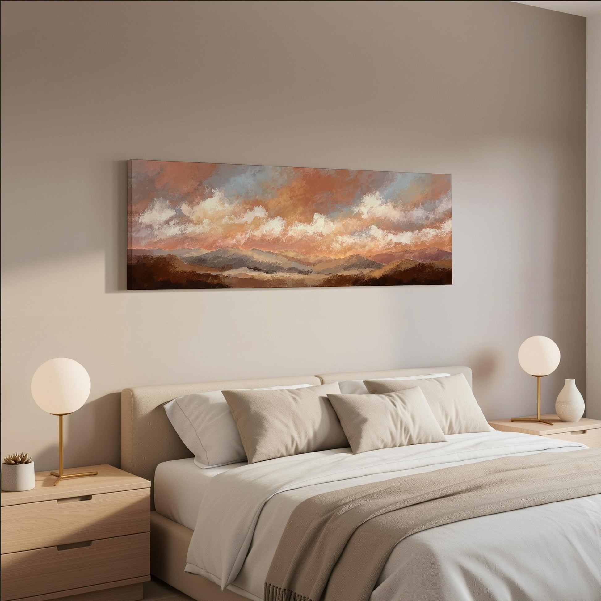 a serene bedroom scene with a large bed adorned with white linens and beige pillows, flanked by two white lamps on nightstands. Above the bed hangs a large painting of a landscape with a cloudy sky, adding a touch of nature and artistry to the room's decor.