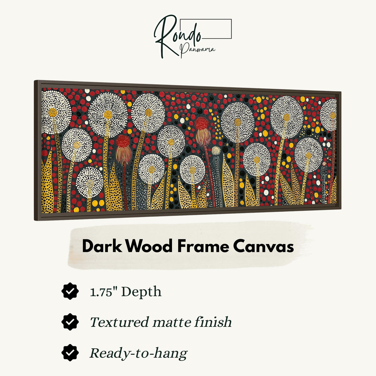 Dotted dandelions on deep red canvas print in a dark wood floating frame