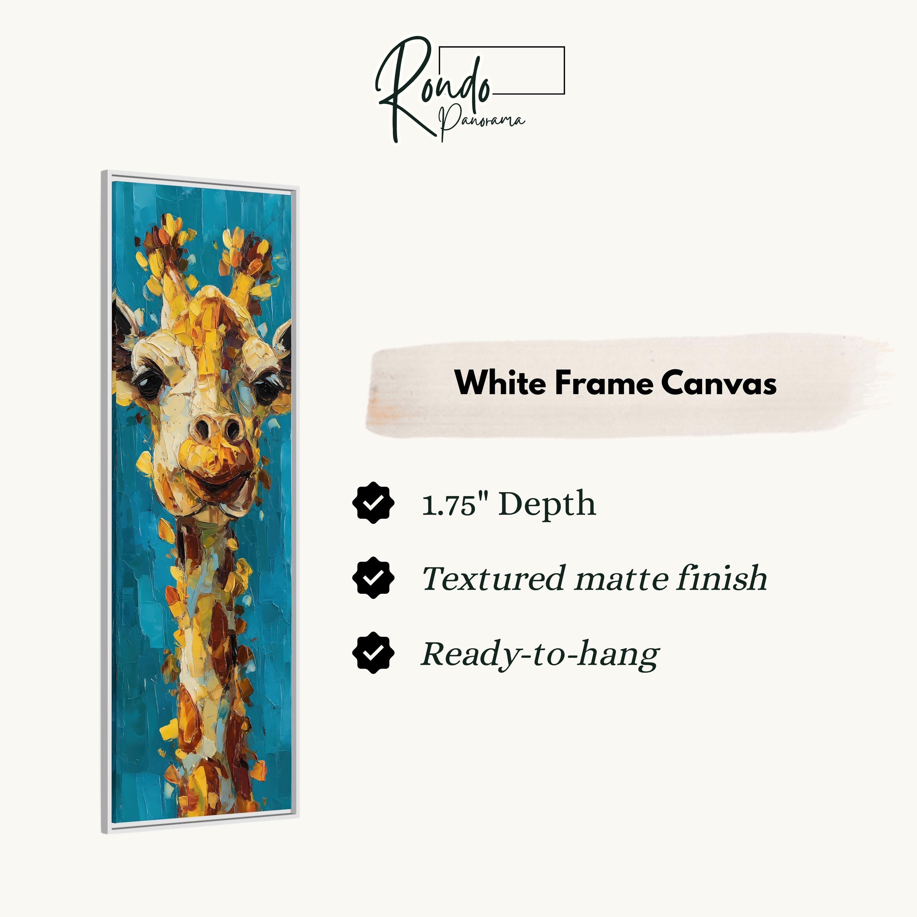 The image is a white frame canvas featuring a painting of a giraffe.