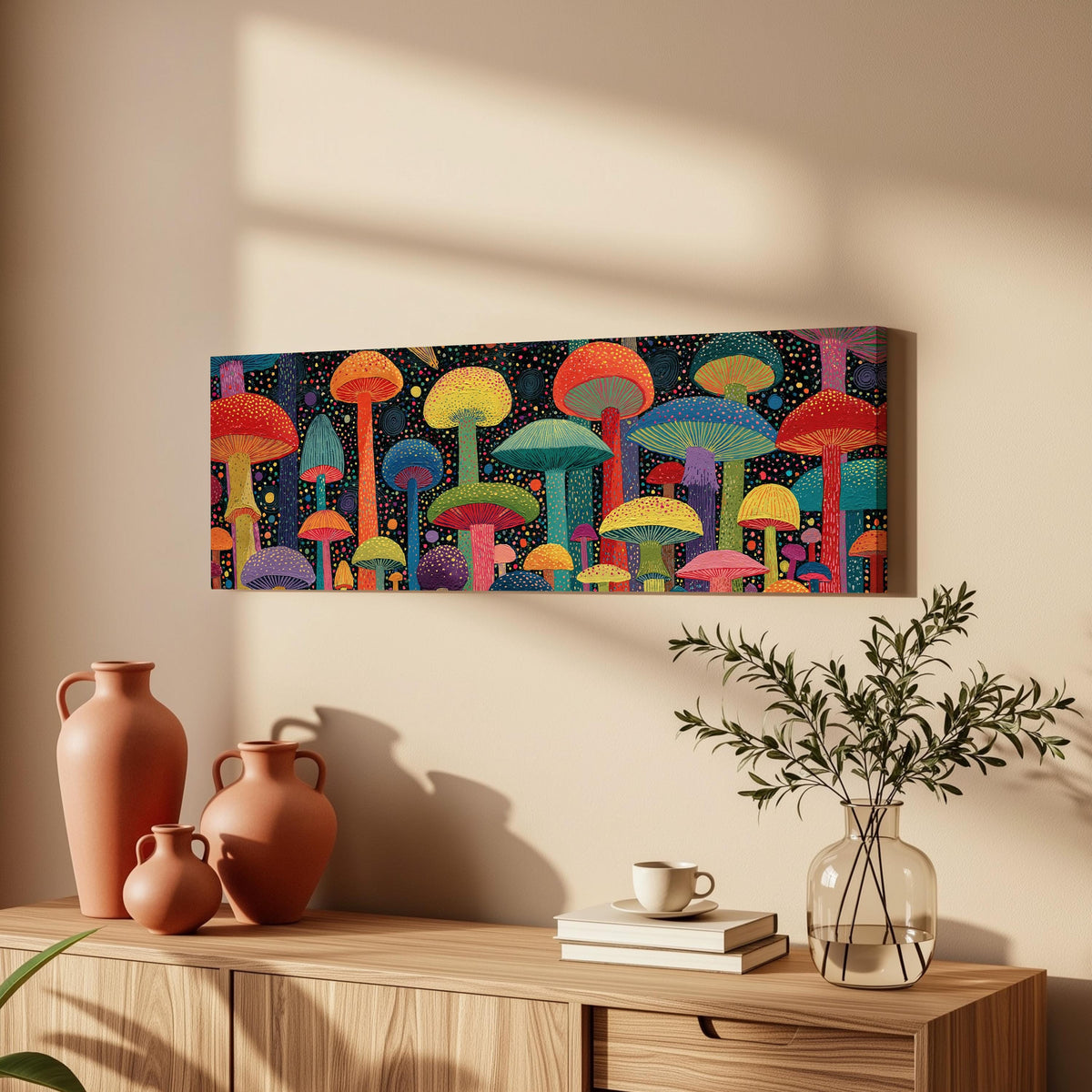 Colorful dotted mushrooms at midnight long horizontal canvas print above a wooden sideboard