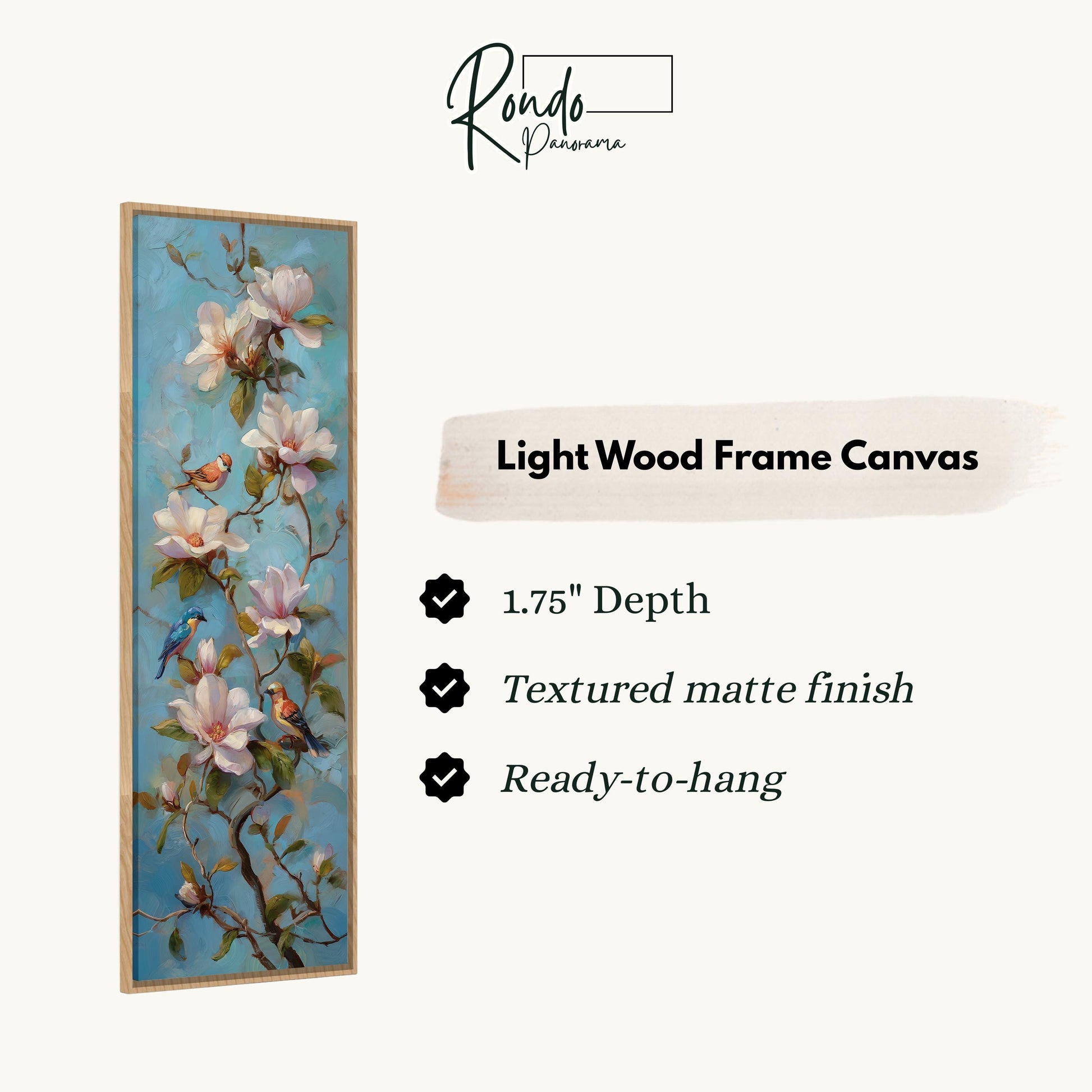 The image is a light wood frame canvas featuring a painting of pink flowers with green leaves and a bird perched on a branch.