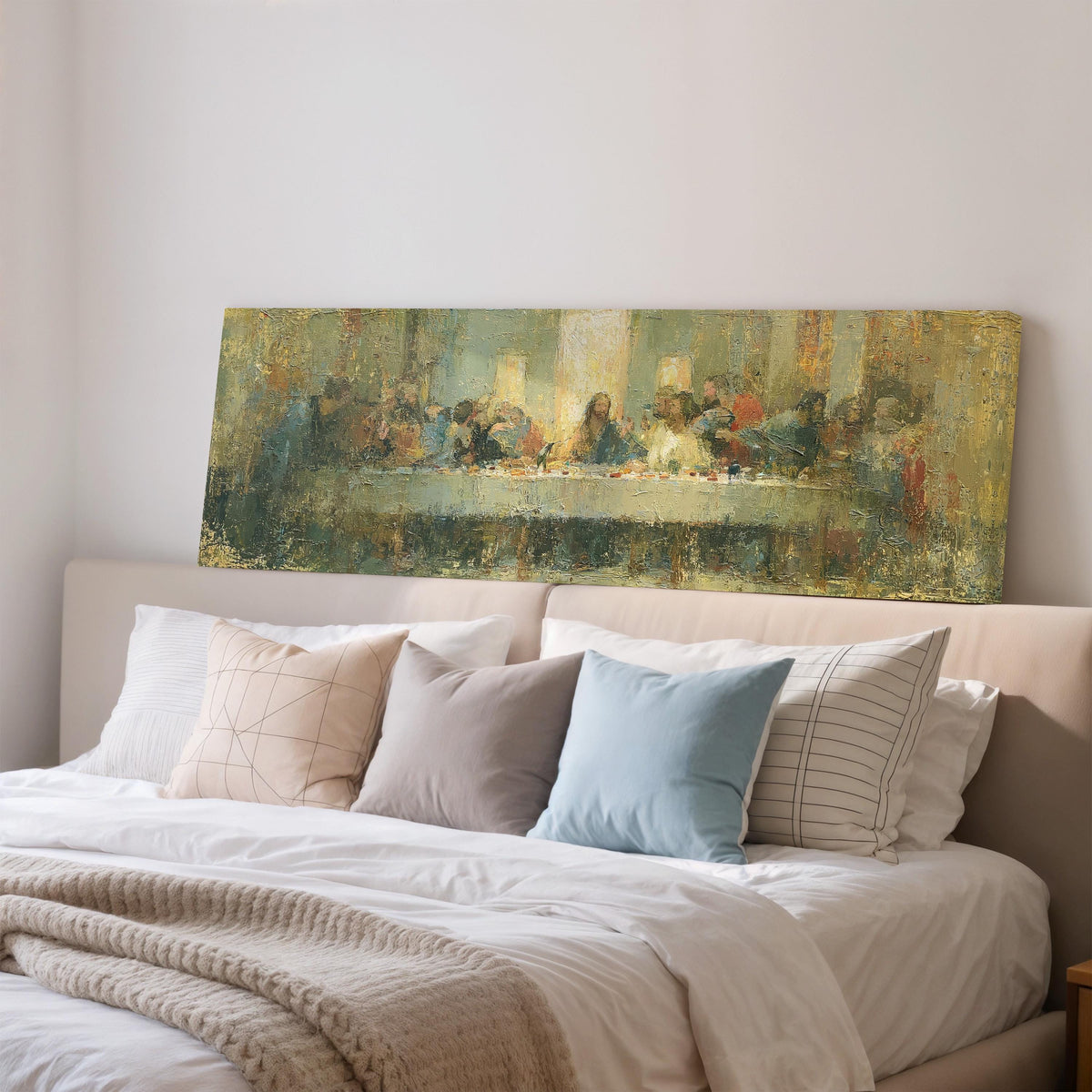 The Last Supper in golden impasto texture wide panoramic canvas print above a bed in a bedroom