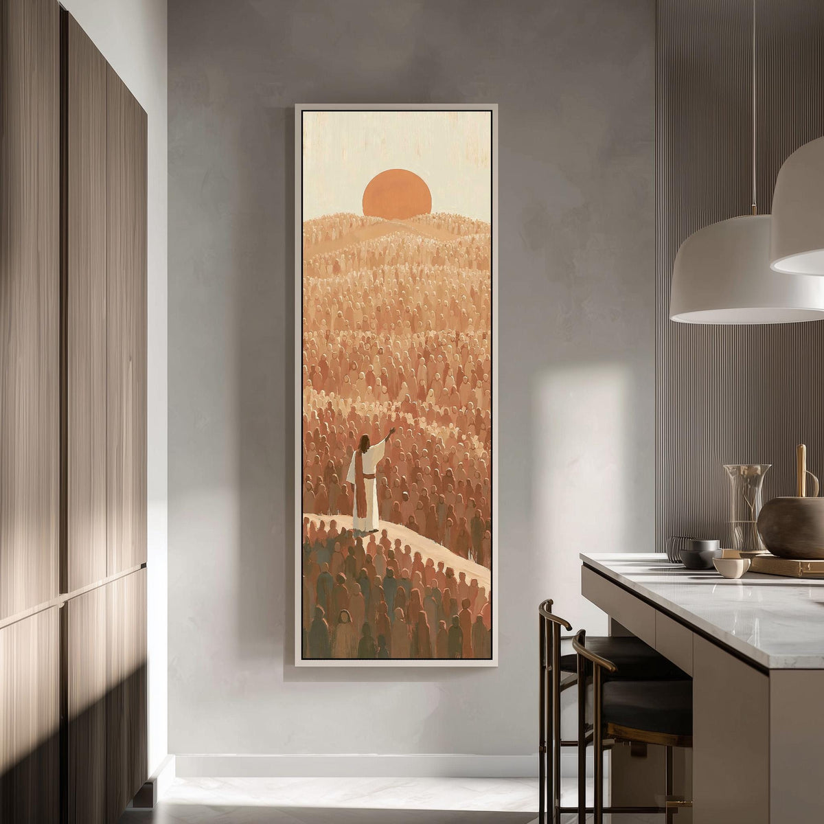 Jesus facing a crowd under a desert sunset tall skinny canvas print in a modern kitchen