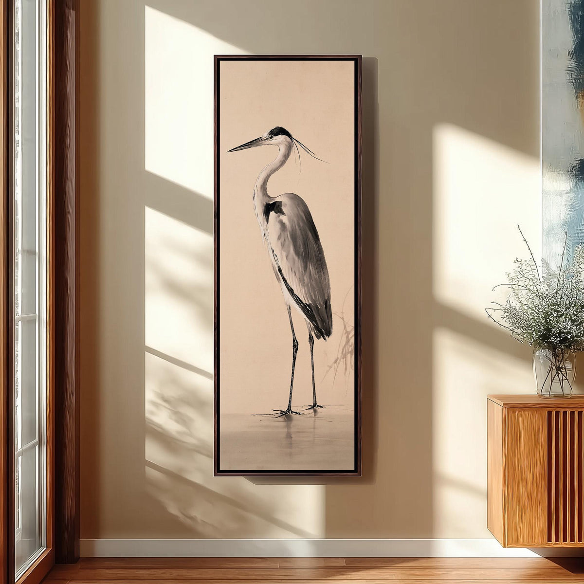 Grey heron standing in shallow water tall skinny canvas print in a sunlit living space