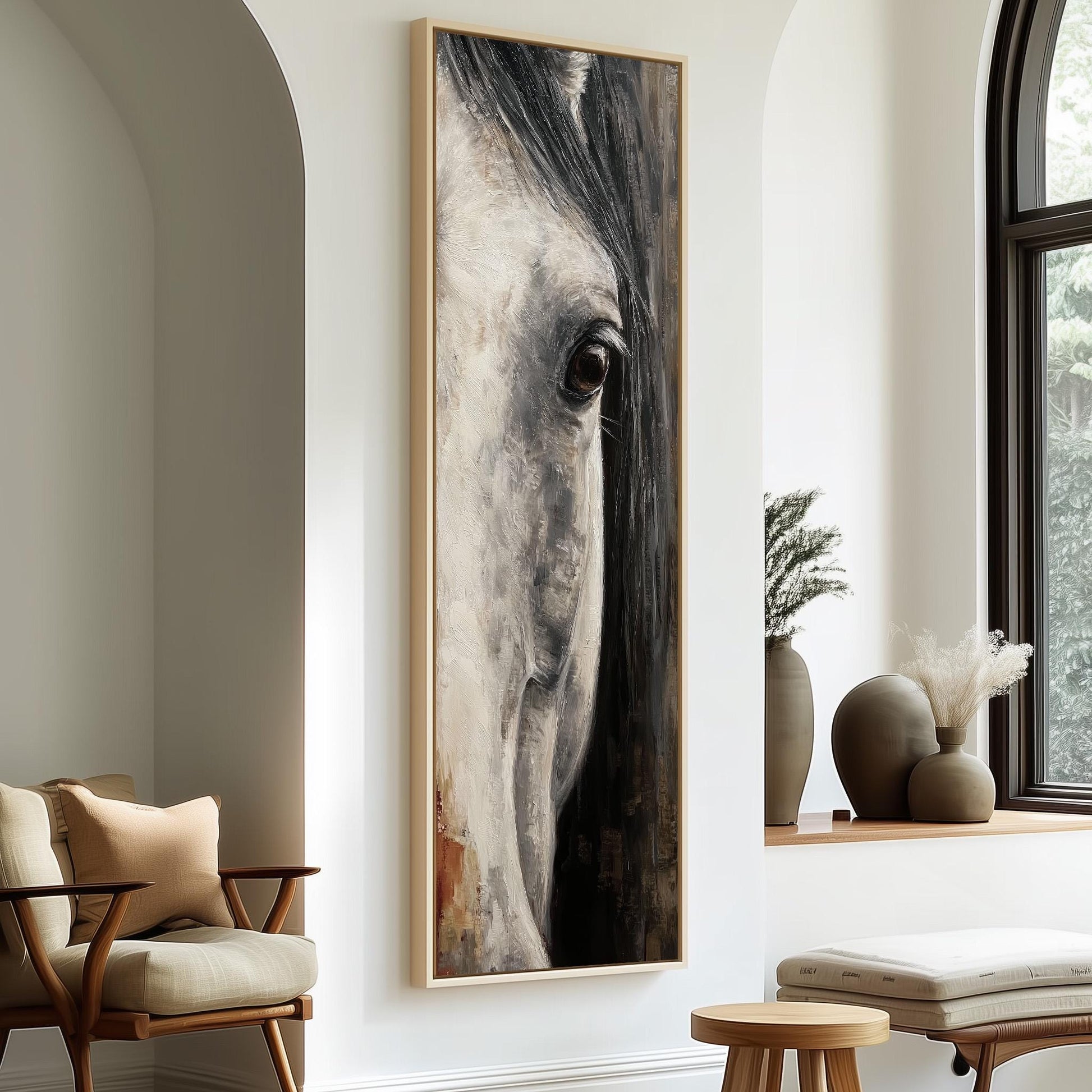 a large painting of a horse's face hanging on a wall, with a wooden chair and a small table in the foreground.