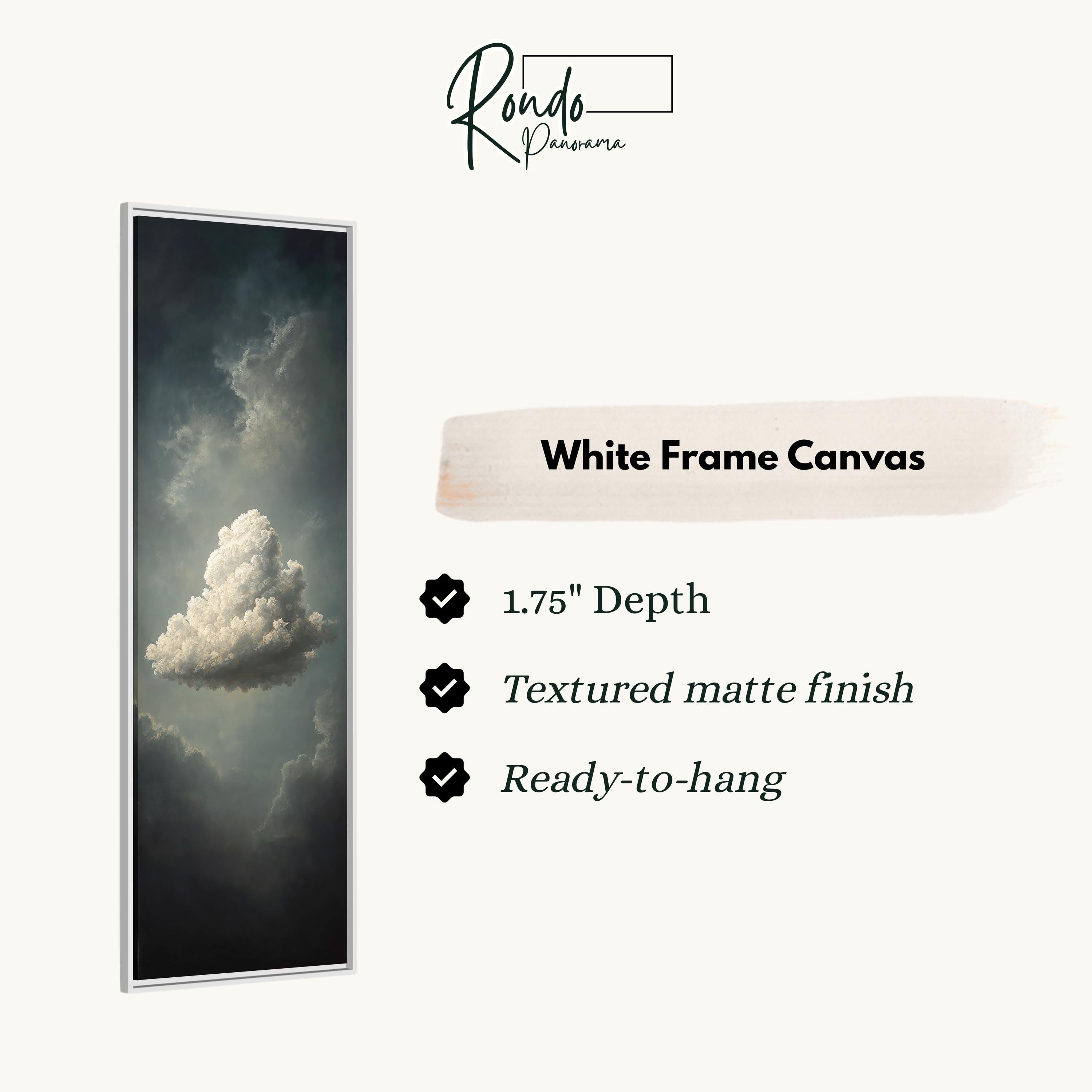 The image is a white frame canvas depicting a large, fluffy cloud against a dark, cloudy sky.