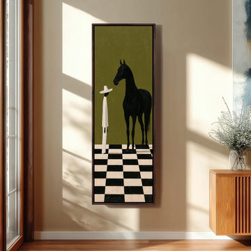 Black horse and figure on a checkerboard floor long vertical canvas print in a sunlit living space