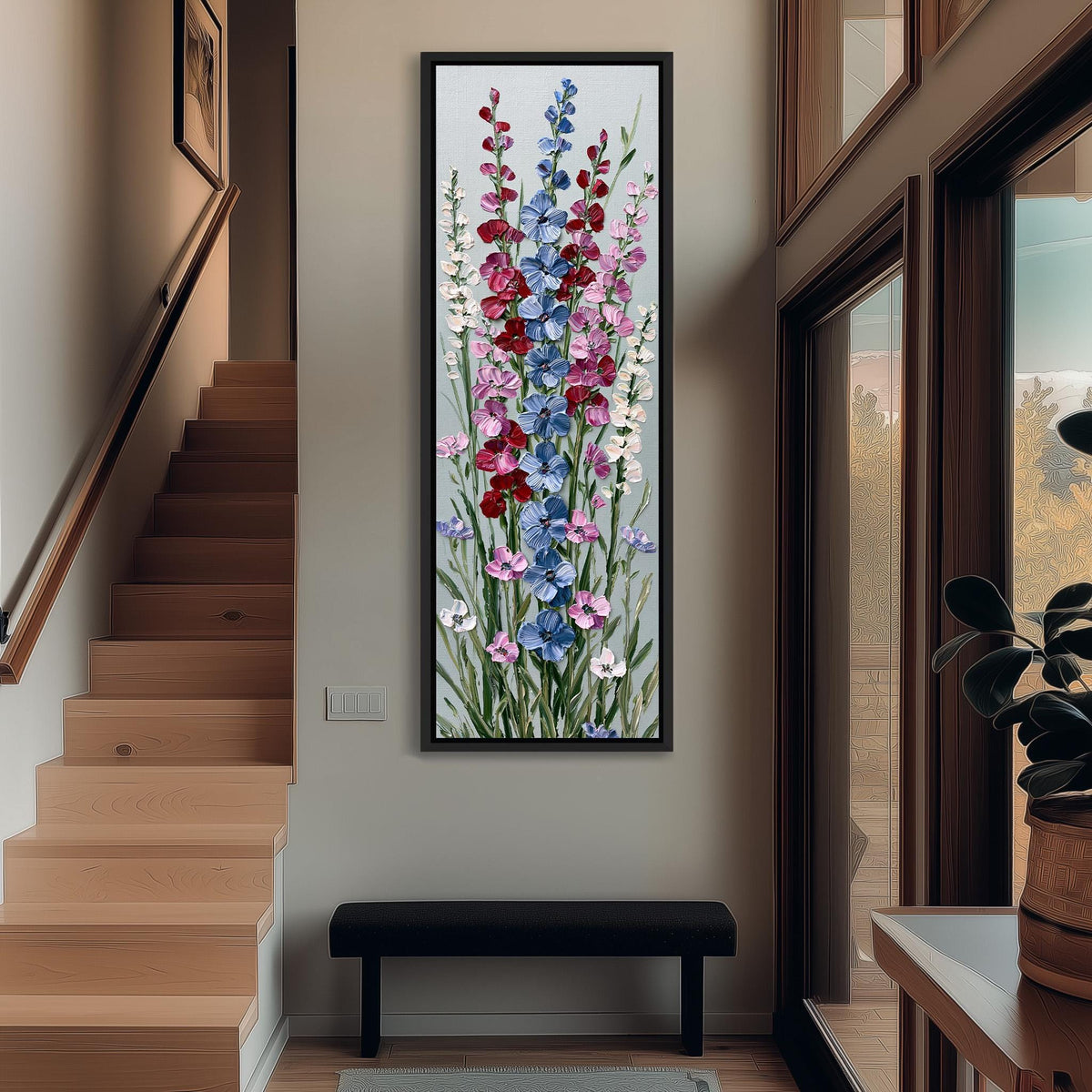 Tall delphinium flower stalks tall narrow canvas print beside a staircase in an entryway