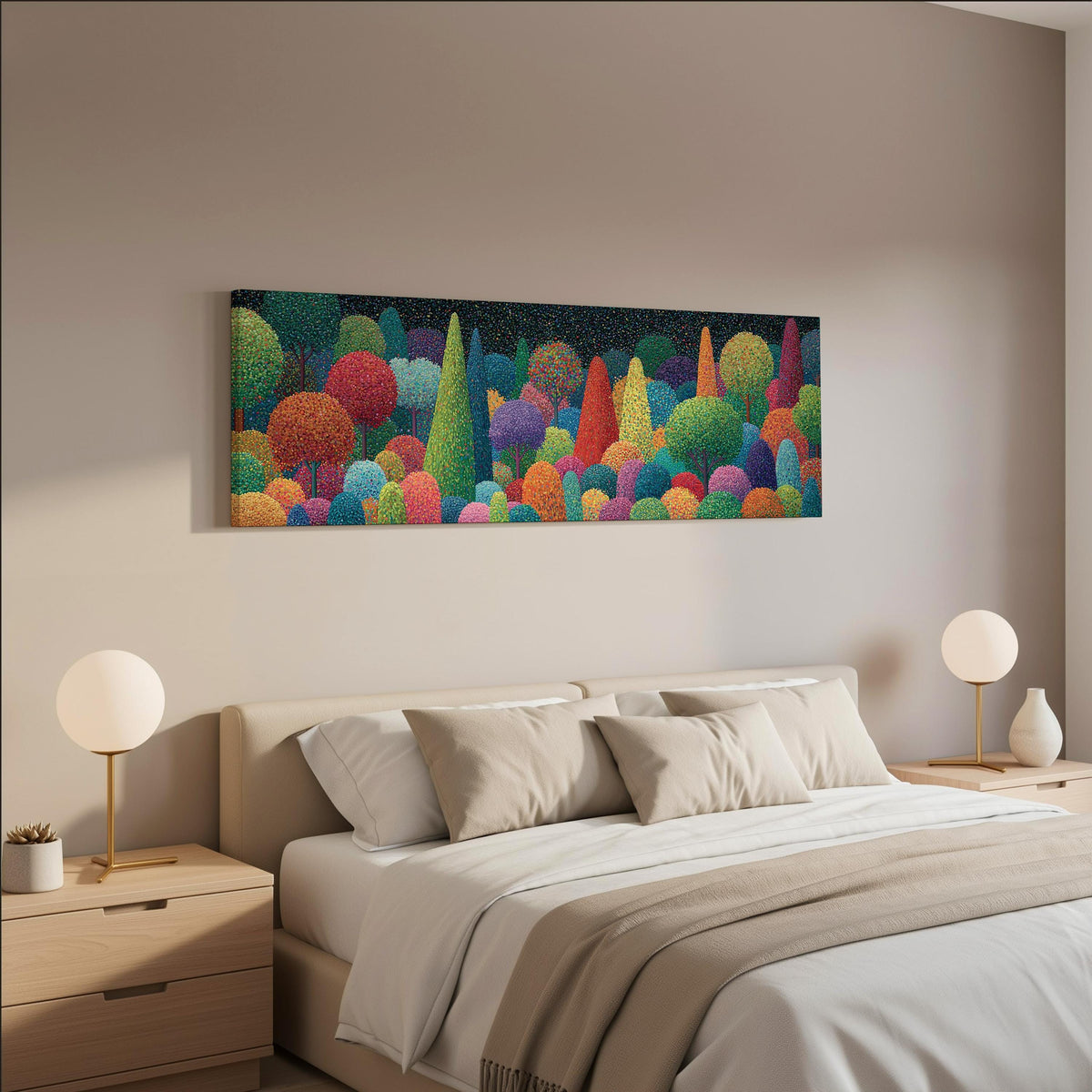 Whimsical rainbow pointillist forest wide panoramic canvas print above a bed in a neutral bedroom