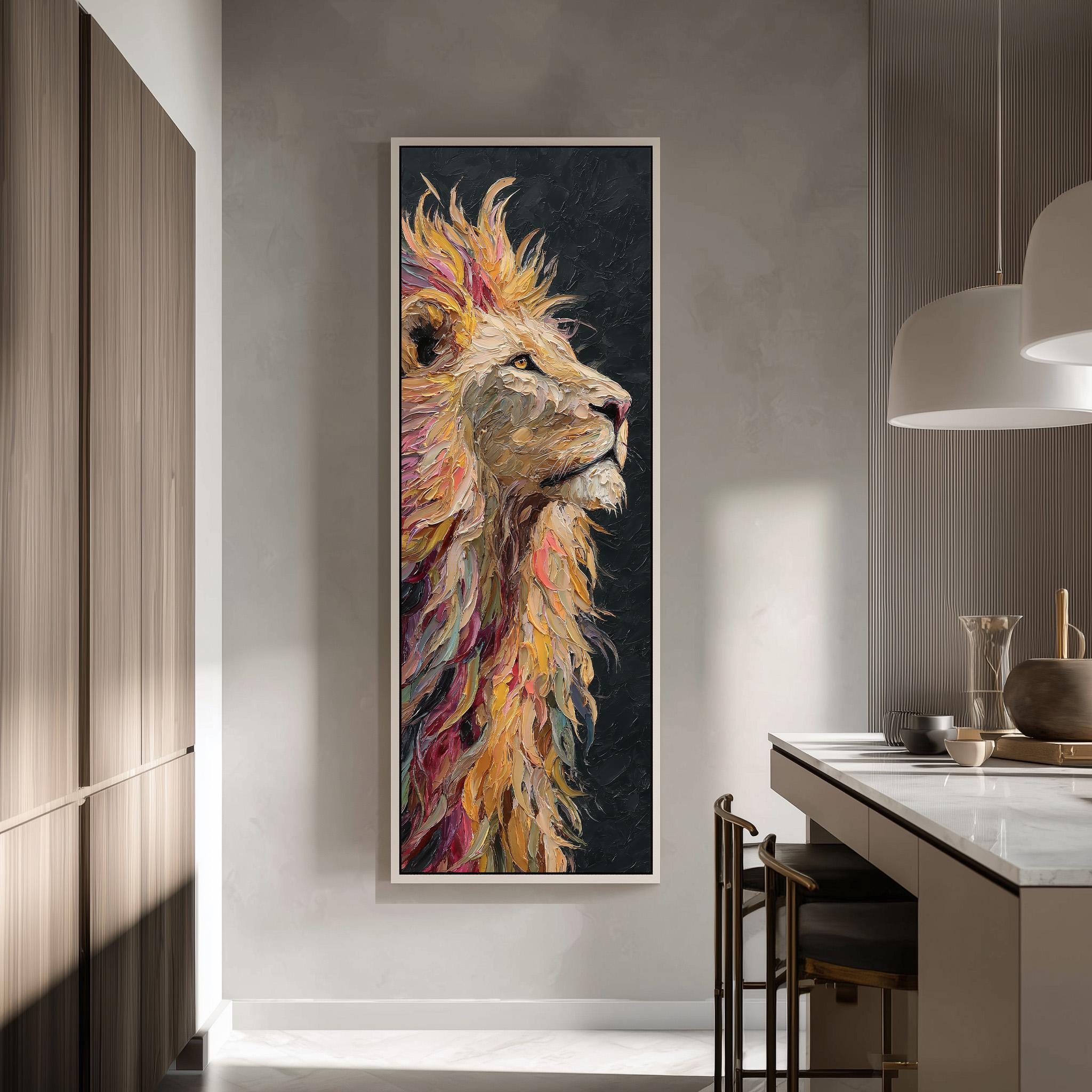 a large, colorful painting of a lion's head hanging on a wall in a modern, minimalist kitchen.