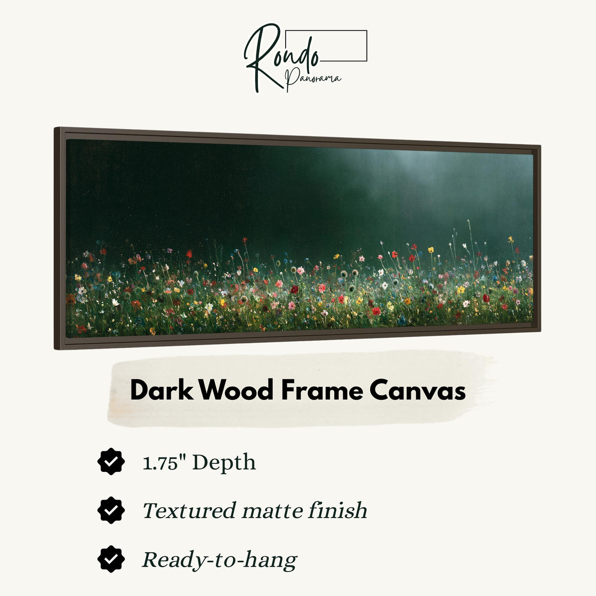Wildflower field under a misty teal sky canvas print in a dark wood floating frame
