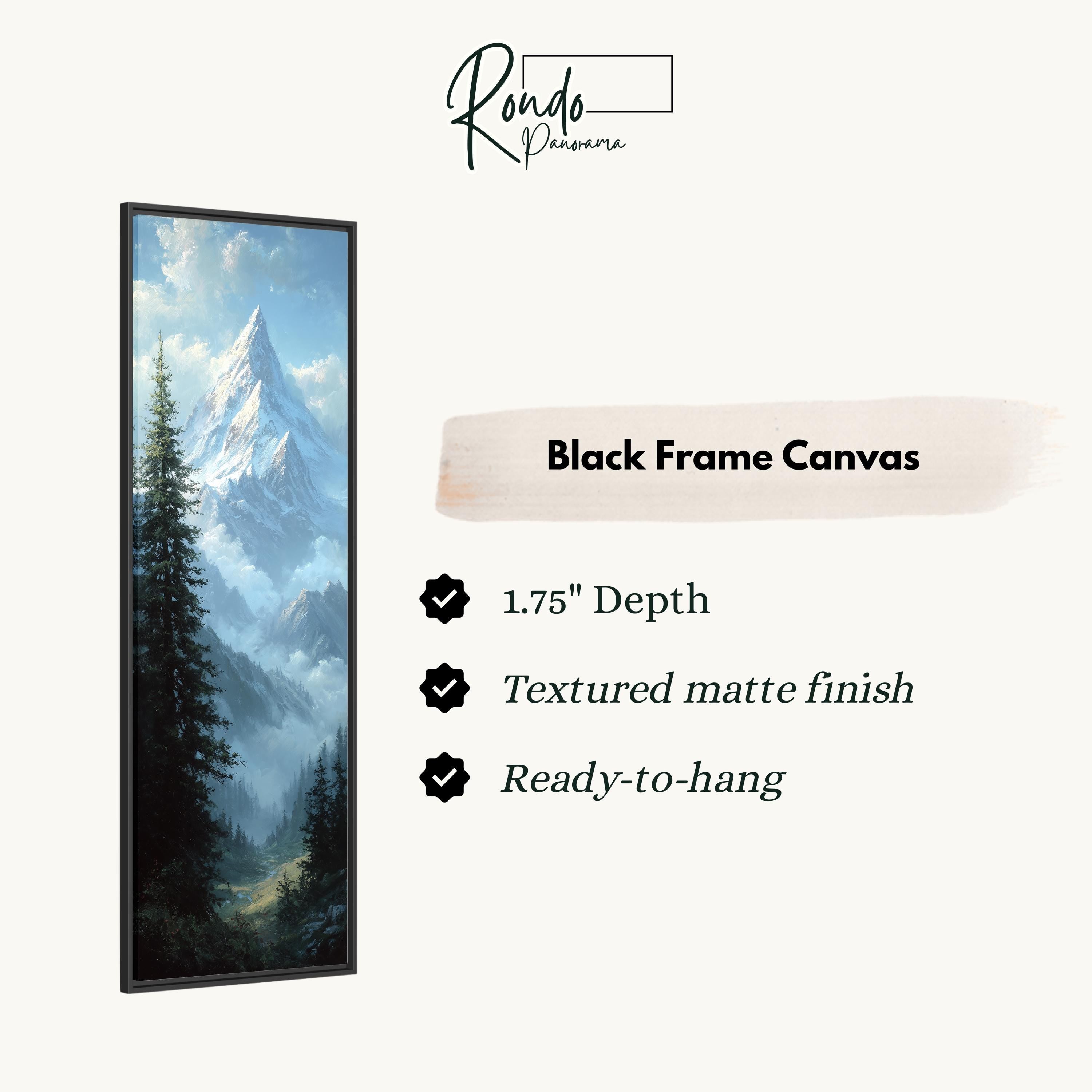 The image is a black frame canvas depicting a mountain landscape with a forest in the background.