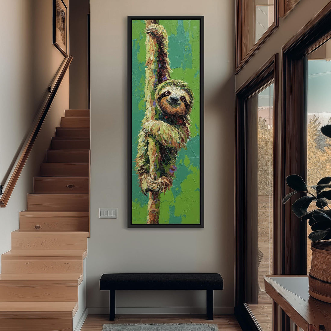 a painting of a sloth hanging from a tree branch on a wall.