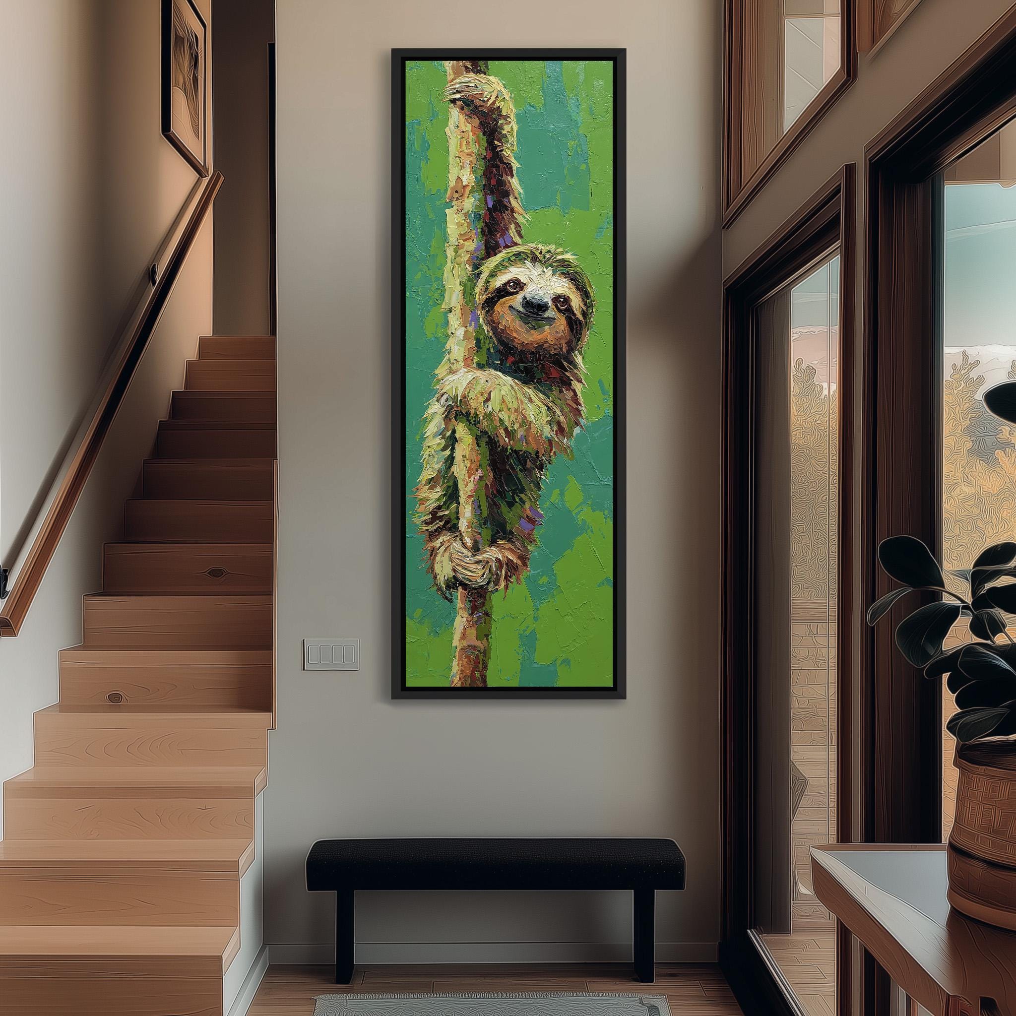 a large painting of a sloth hanging on the wall of a hallway.