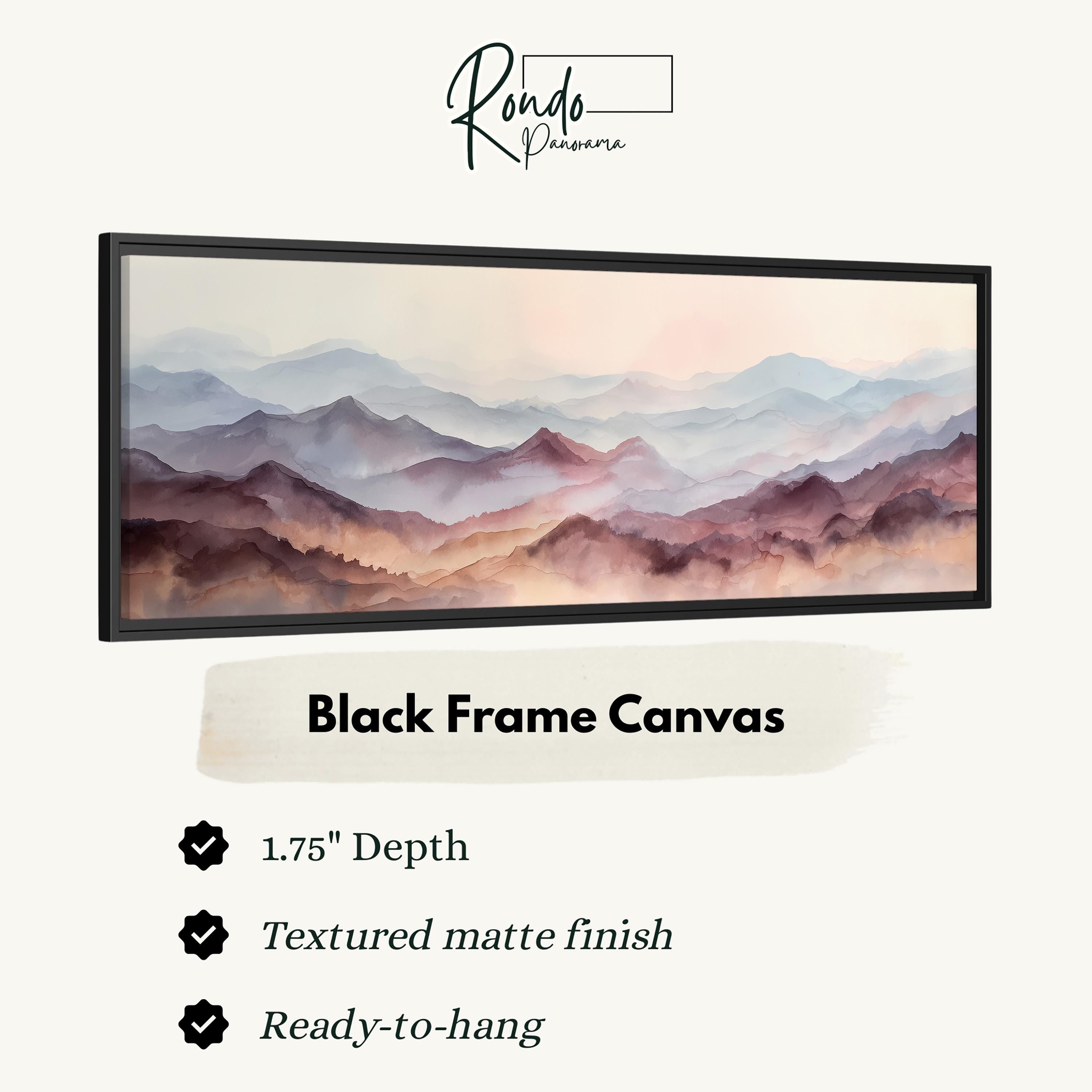 The image is a black frame canvas depicting a landscape with mountains and a hazy sky.