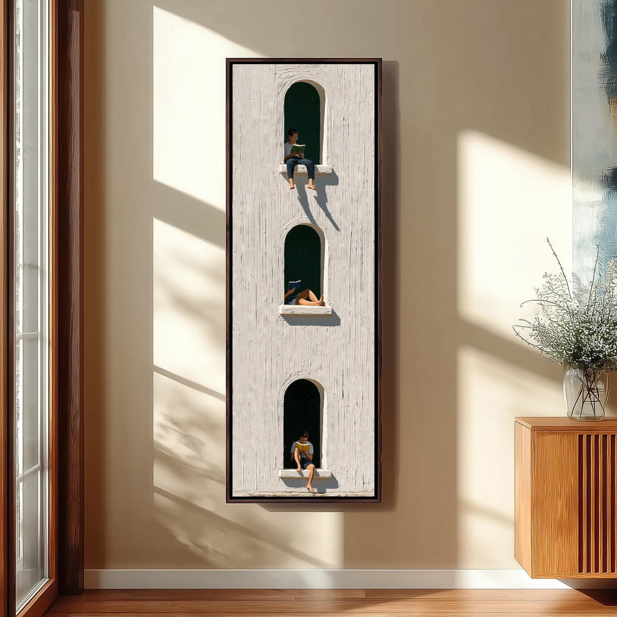 People reading in arched windows on a whitewashed wall tall skinny canvas print in a sunlit living space