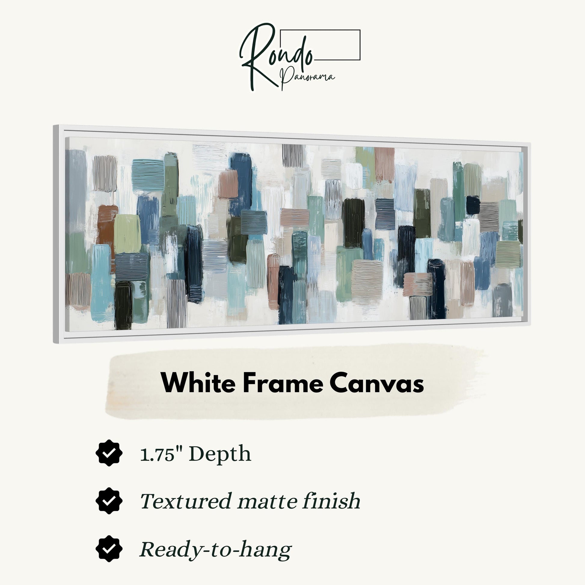 The image is a product advertisement for a white frame canvas. It features a large abstract painting with various shades of blue, green, and gray brushstrokes. The advertisement highlights the canvas's features, such as its 1.75" depth, textured matte finish, and ready-to-hang nature.
