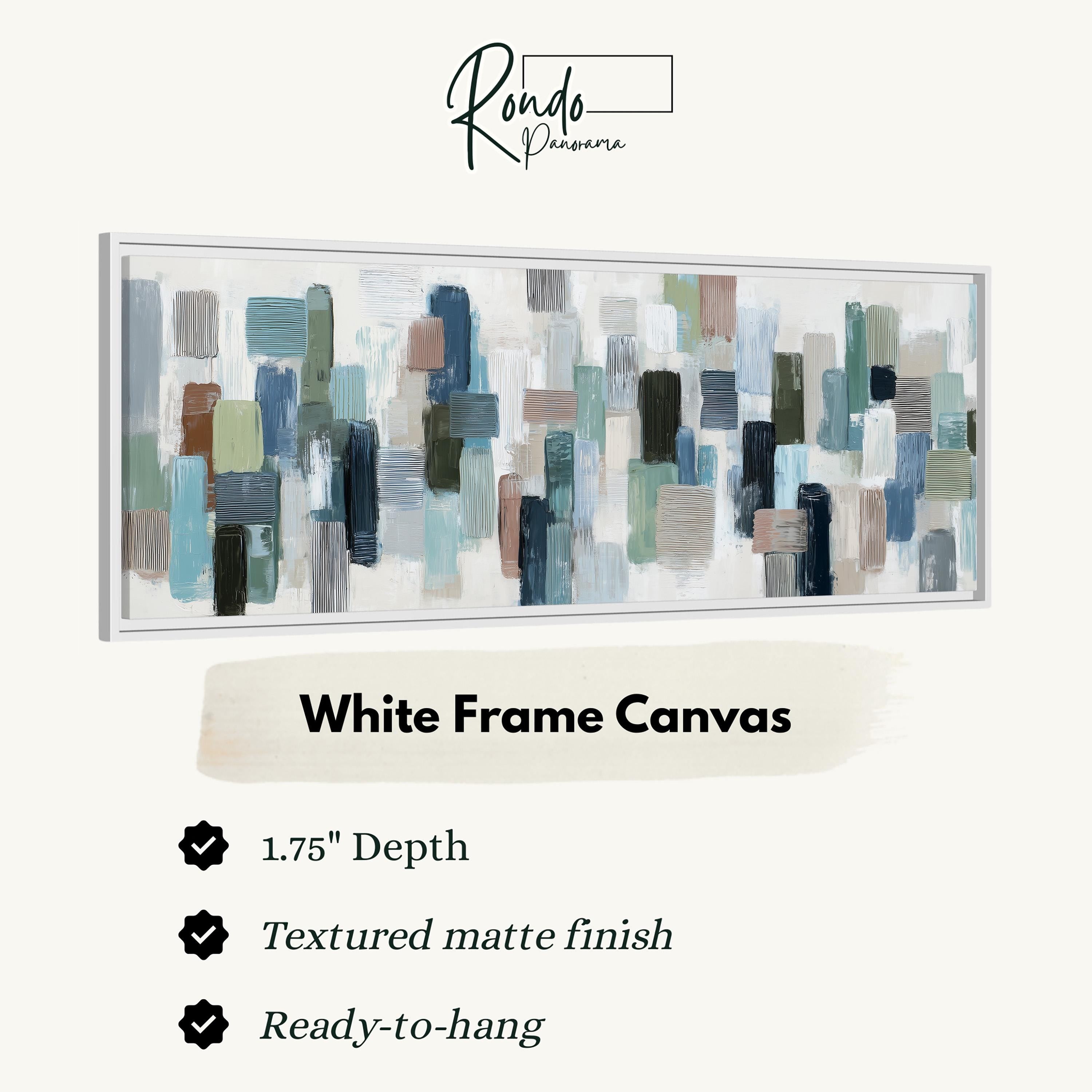 The image is a product advertisement for a white frame canvas. It features a large abstract painting with various shades of blue, green, and gray brushstrokes. The advertisement highlights the canvas's features, such as its 1.75" depth, textured matte finish, and ready-to-hang nature.