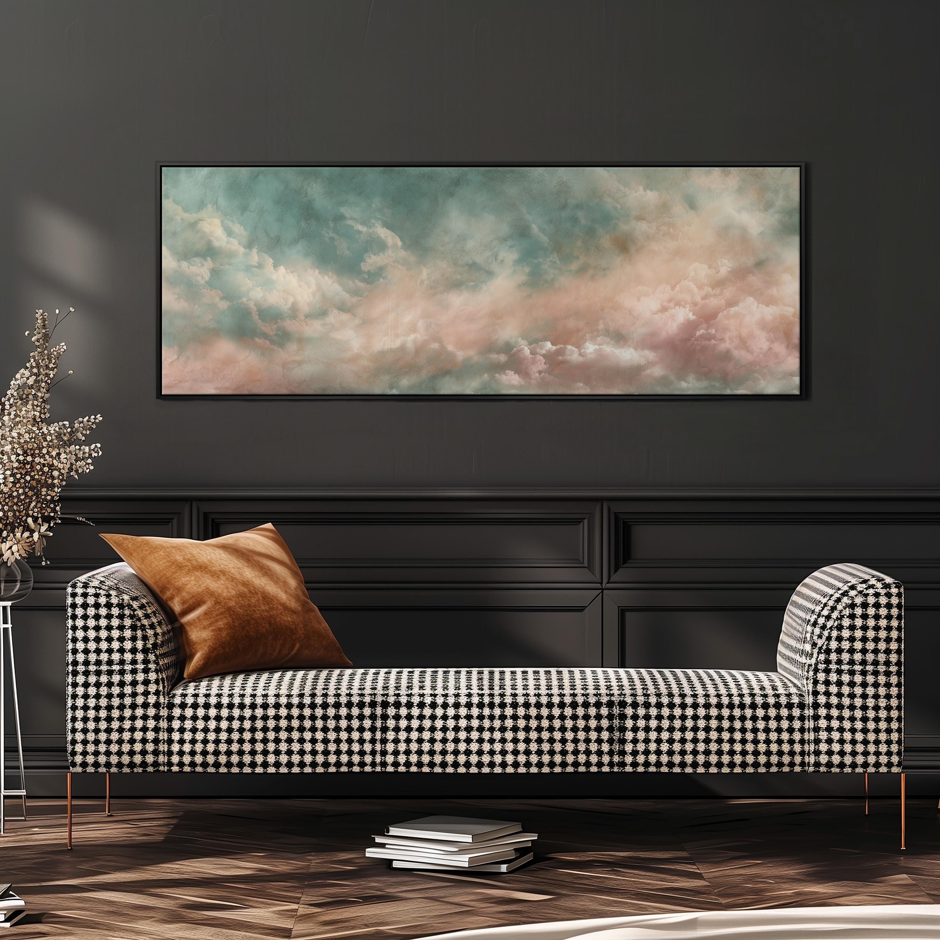 a black and white checkered sofa with a brown throw pillow, set against a dark wall with a large framed painting of a cloudy sky above it.