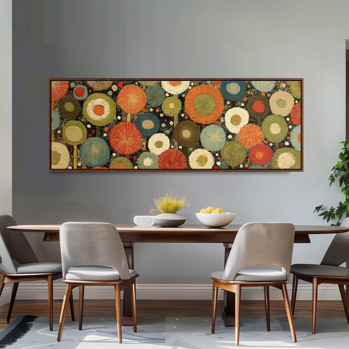 Layered circle dot pattern long horizontal canvas print above a dining table