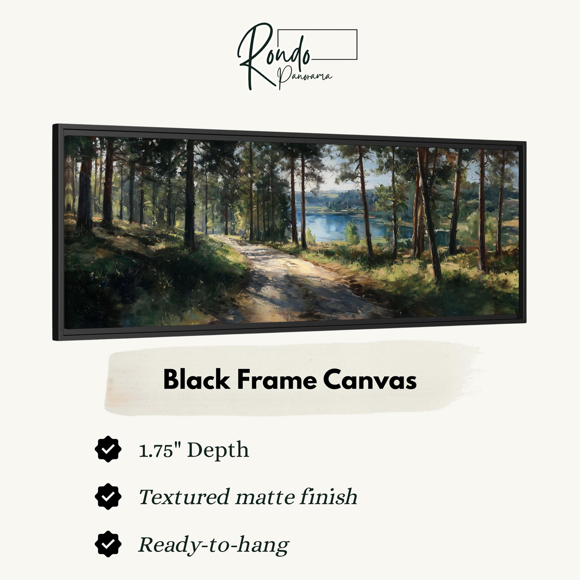 The image is a black frame canvas depicting a forest scene with a path leading through the trees.