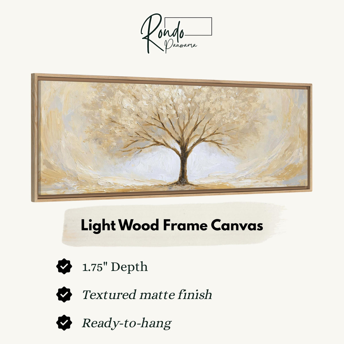 Golden winter tree canvas print in a light wood floating frame