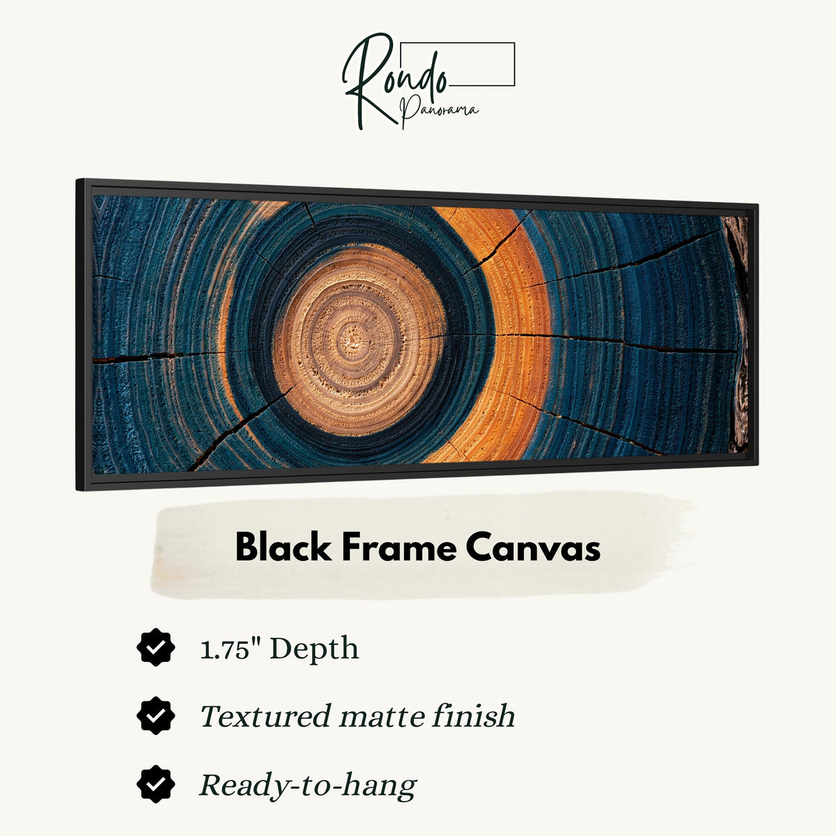 Teal and orange tree ring canvas print in a black floating frame