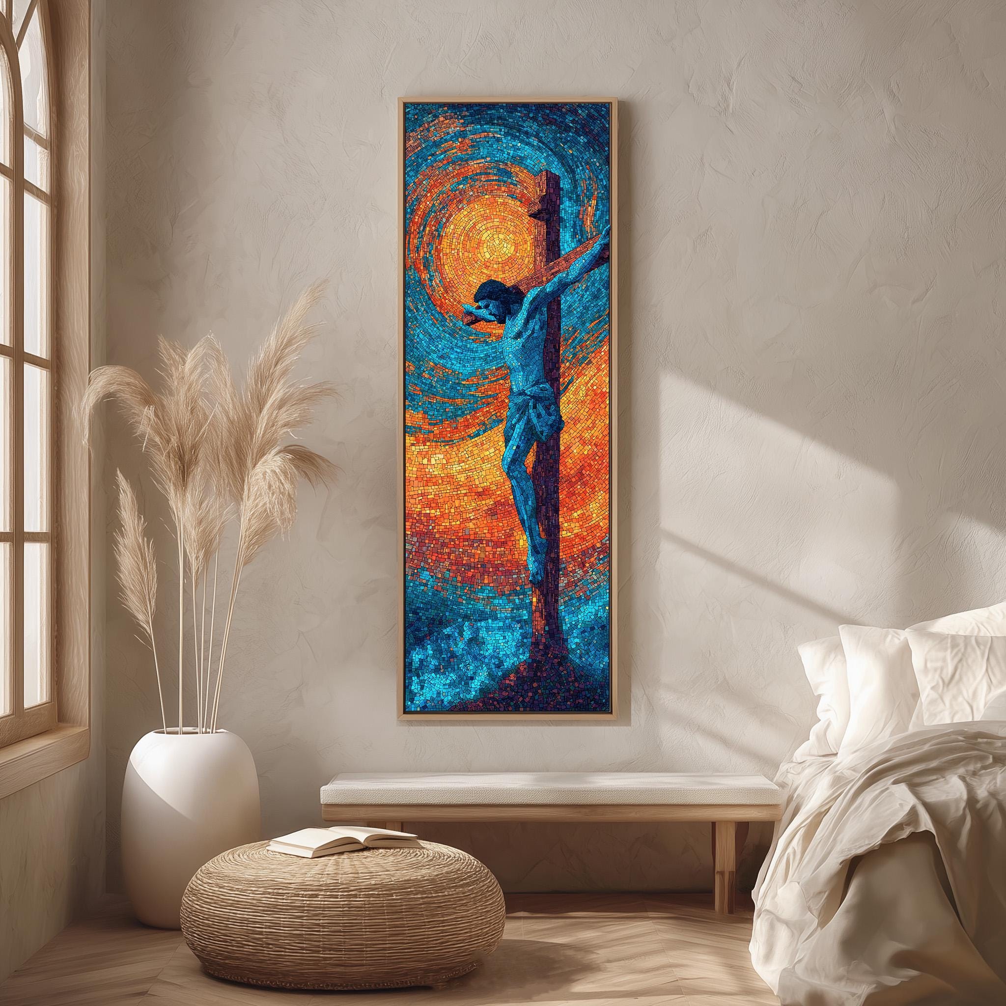 a large, colorful painting of a figure on a cross, hanging on a wall in a room with a bed, a potted plant, and a woven ottoman.