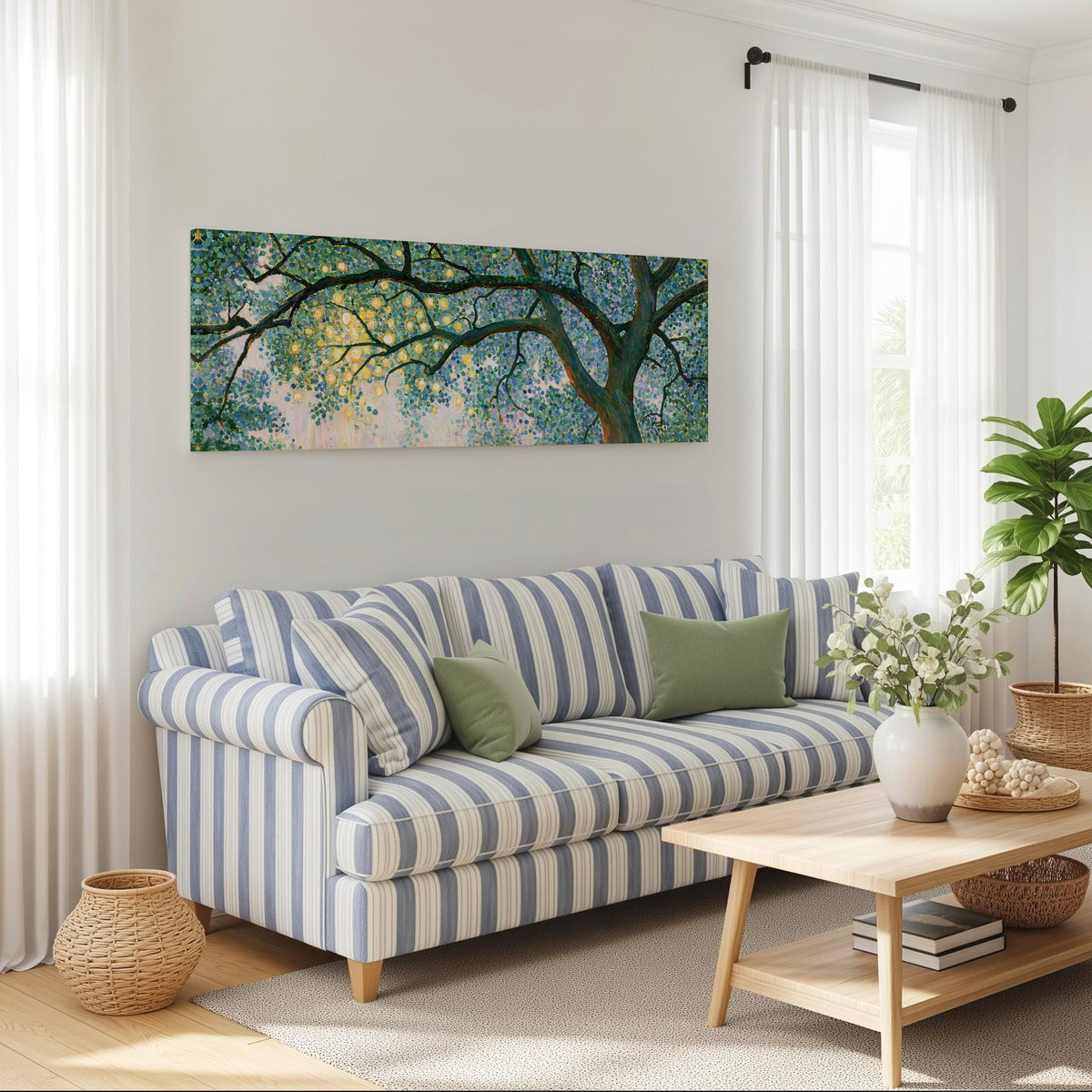Tree canopy with golden light long horizontal canvas print above a striped sofa in a coastal living room