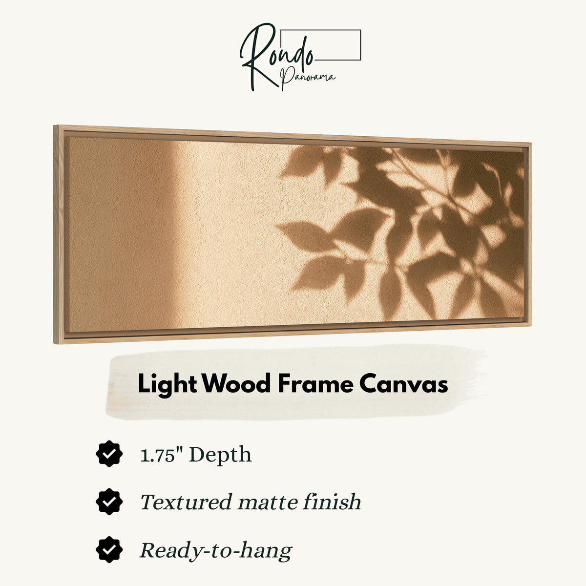 Leaf shadows on a golden plaster wall canvas print in a light wood floating frame