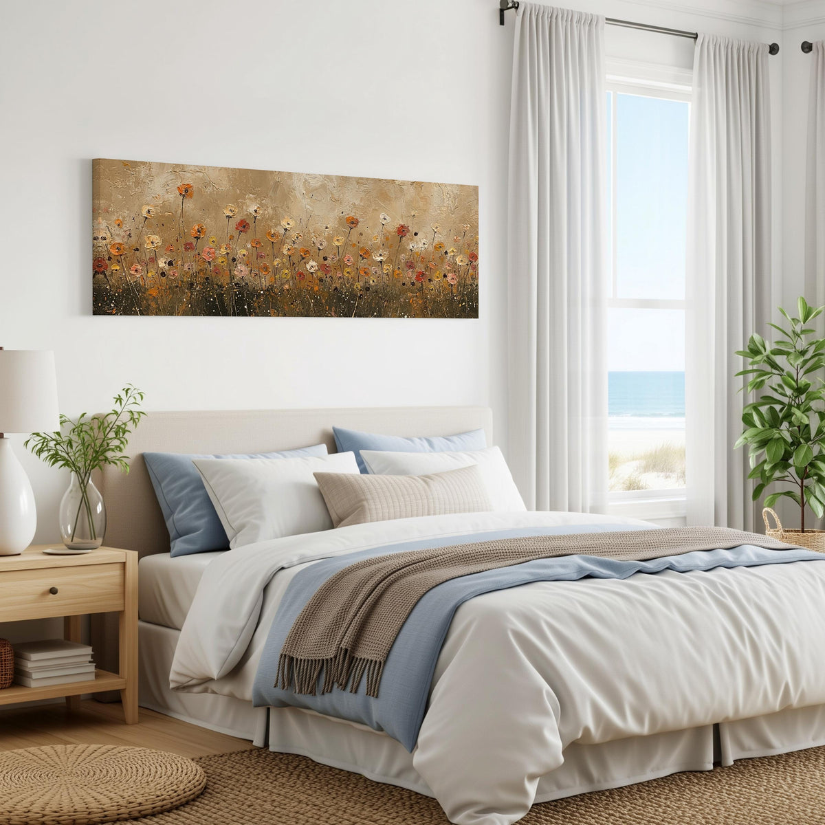 Golden wildflower field panoramic canvas print above a bed in a coastal bedroom