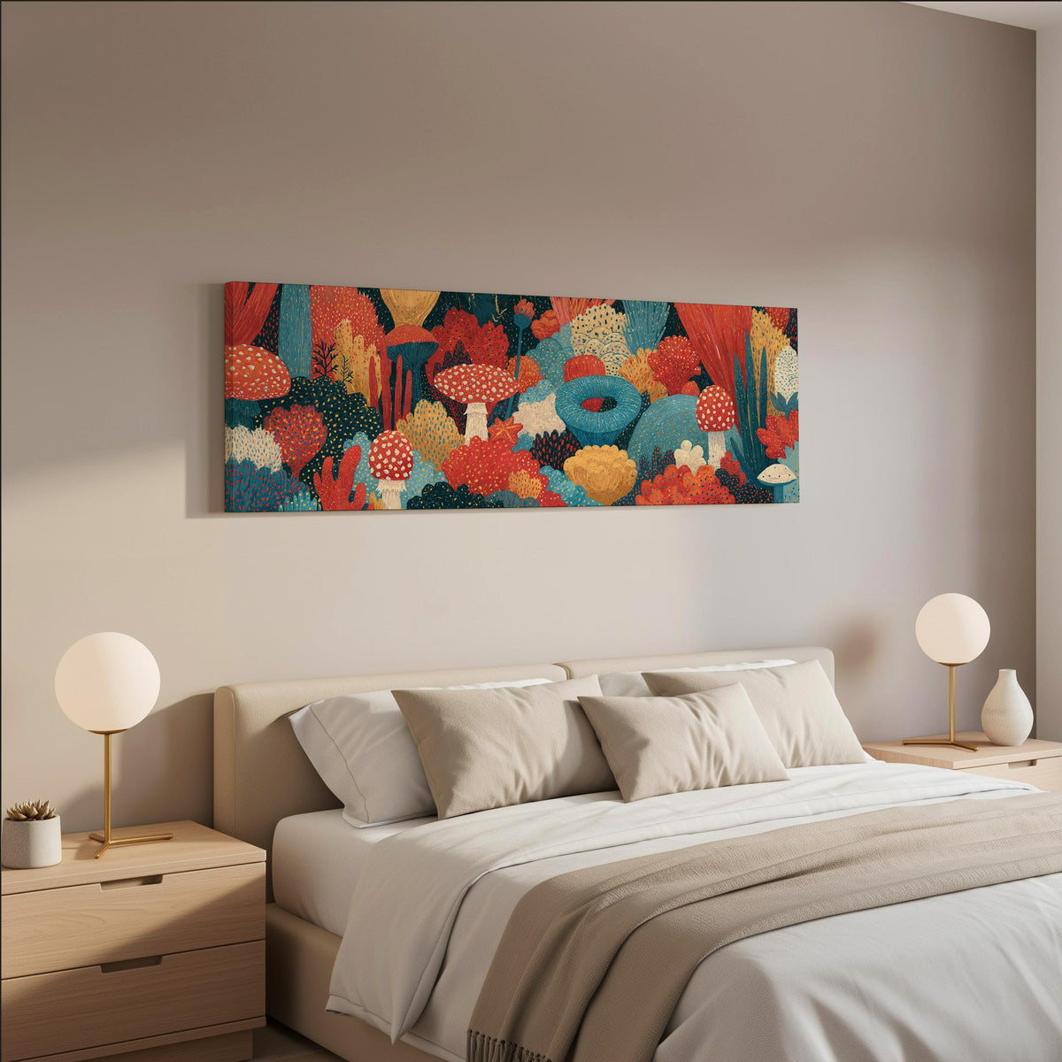Mushroom and flower garden on teal wide panoramic canvas print above a bed in a neutral bedroom