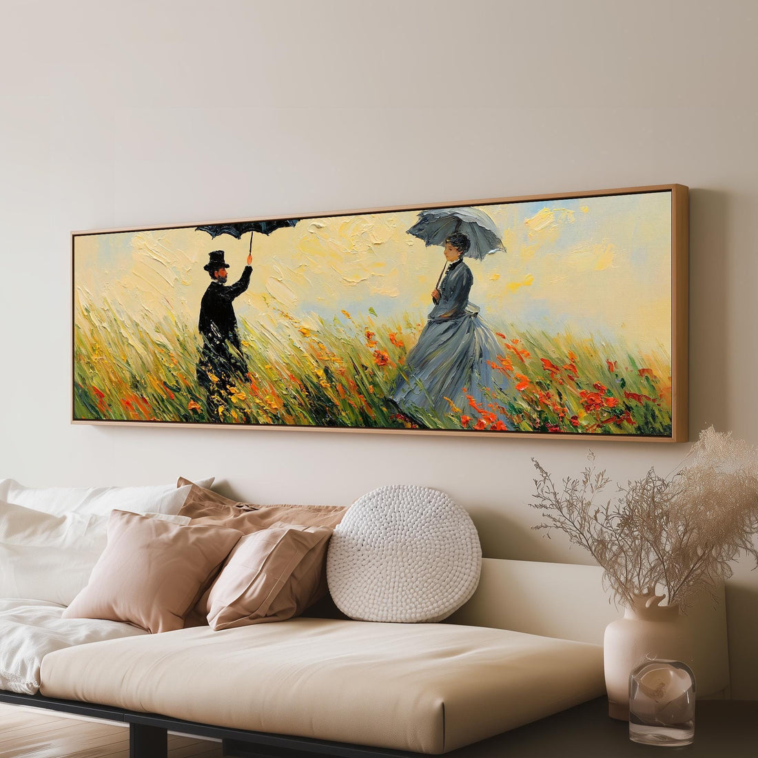 Couple with umbrellas in a poppy field long horizontal canvas print above a sofa in a living room