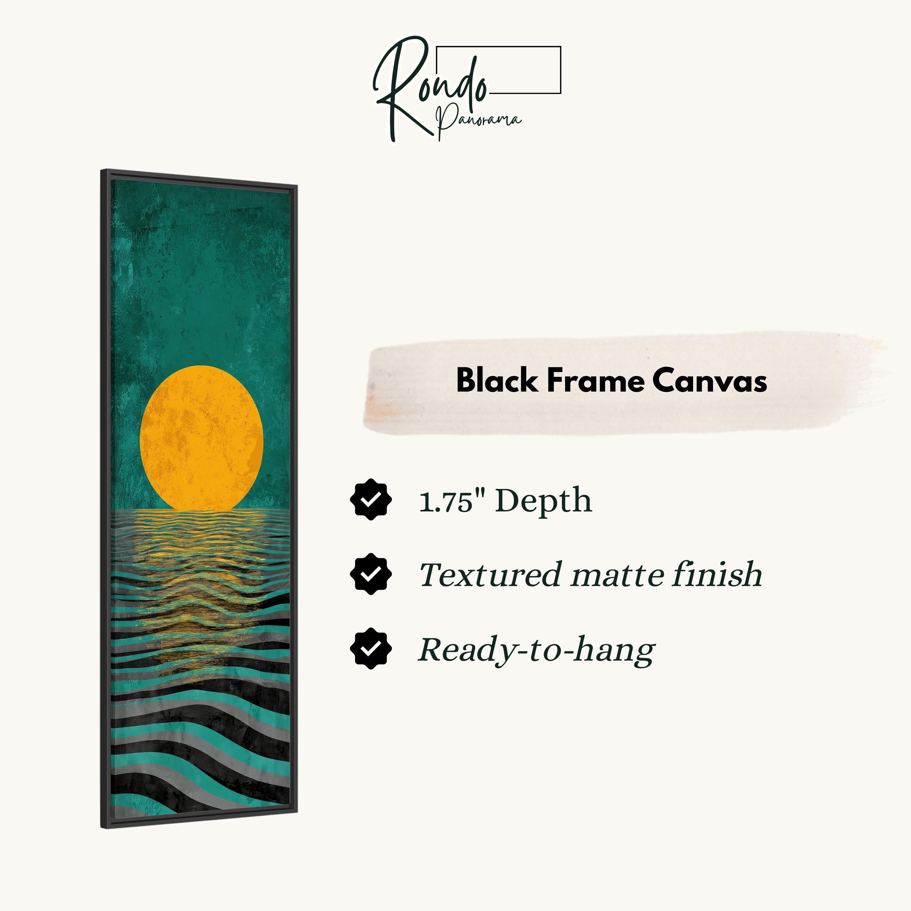 The image is a black frame canvas with a vibrant abstract design depicting a sunset over a body of water.