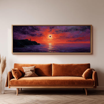 a large, rectangular painting hanging on a wall above a brown sofa.