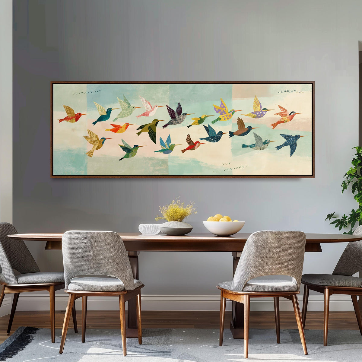 Flock of colorful hummingbirds long horizontal canvas print above a dining table